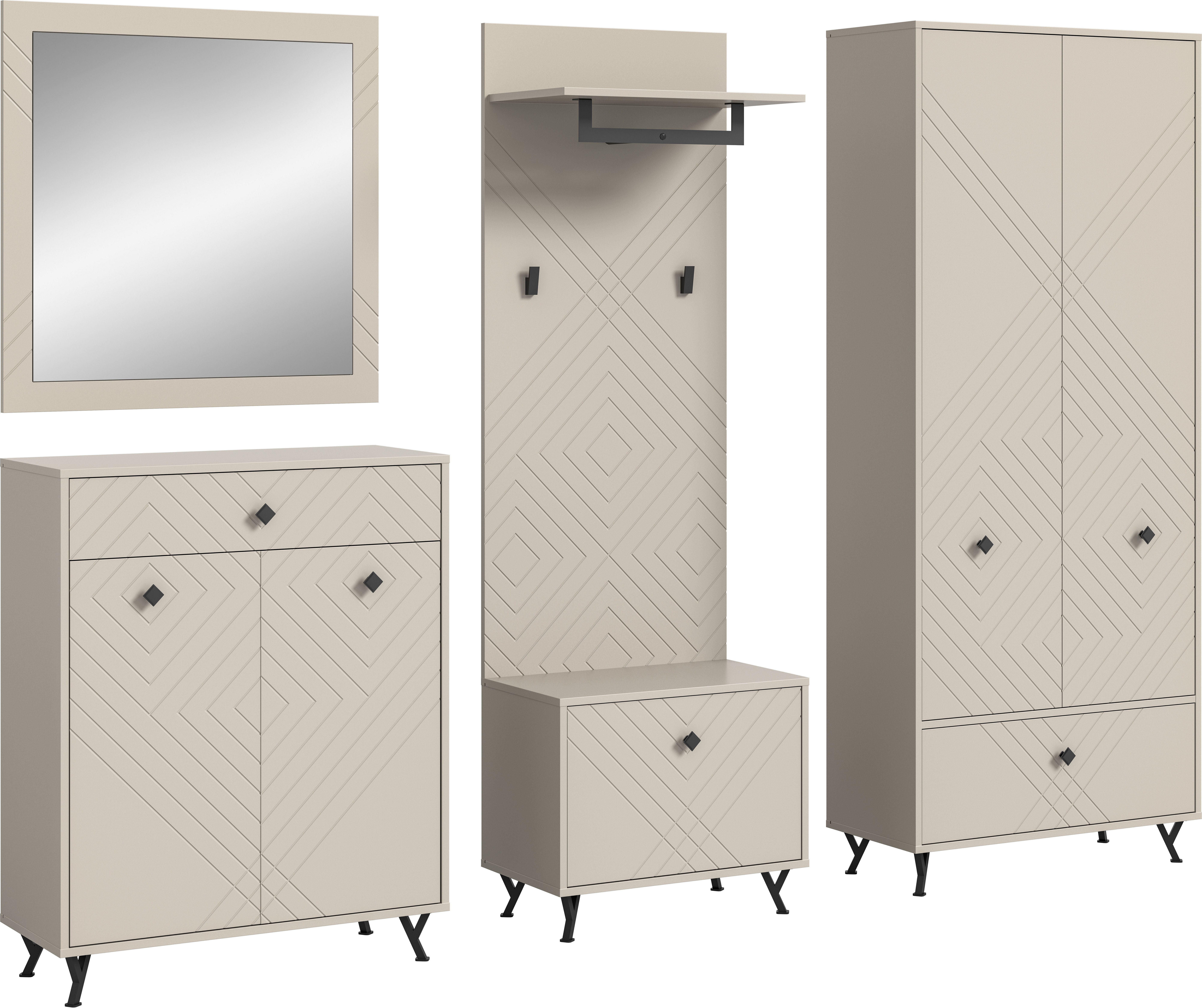 INOSIGN Halmeubelset Mento, 5-delig, ornamentfrezing in de front, bestaande uit: Schoenencommode, spiegel, zitbank, garderobenpaneel, garderobekast (set, 5-delig)