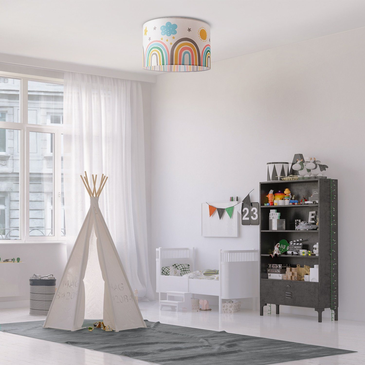 Paco Home Plafondlamp Tweet 462 Lamp kinderkamer plafondlamp regenboog zon wolken sterren E27