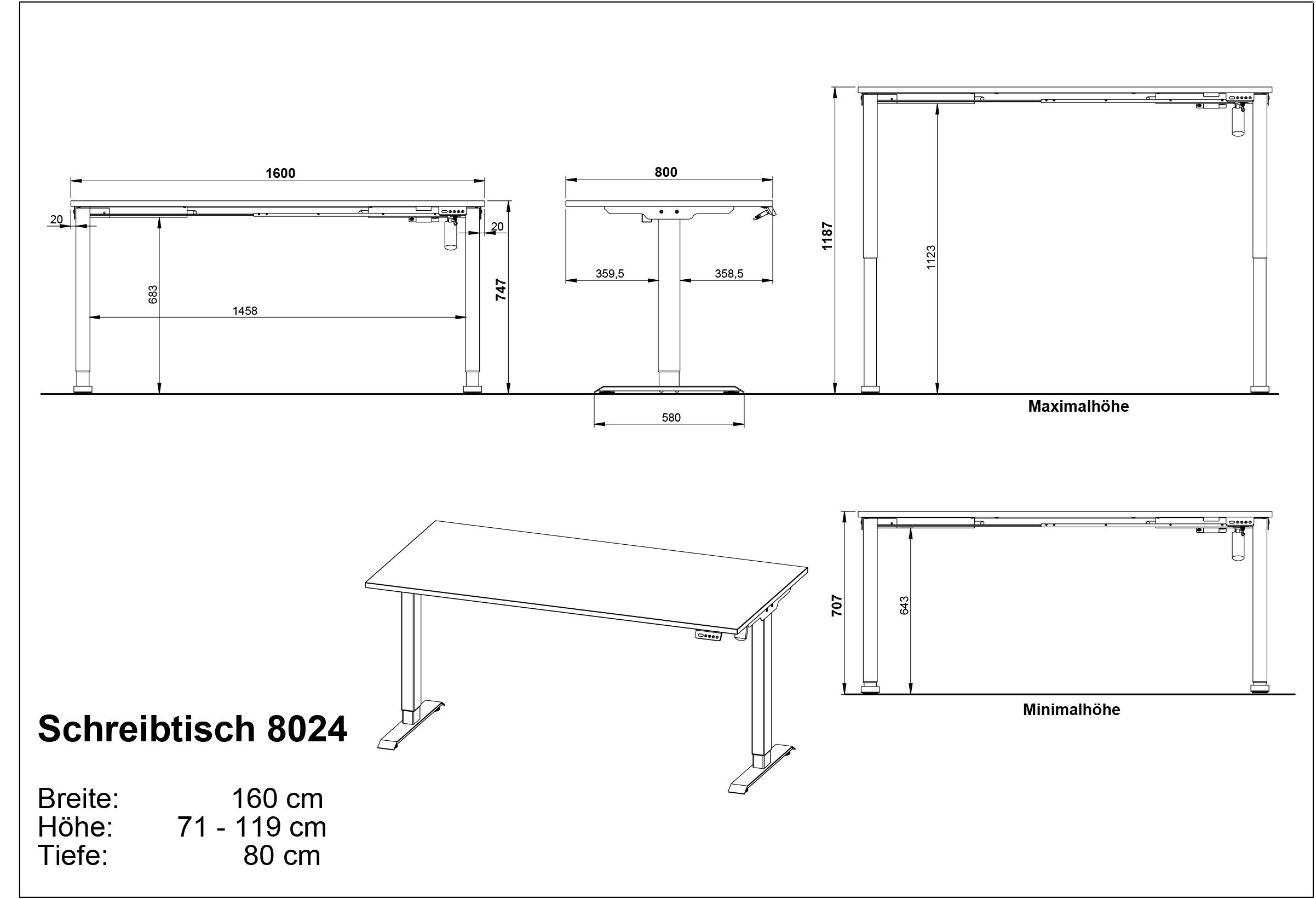 GERMANIA Bureau Boras, elektrisch in hoogte verstelbaar Breedte 120/140/160 cm, metalen frame, Made in Germany