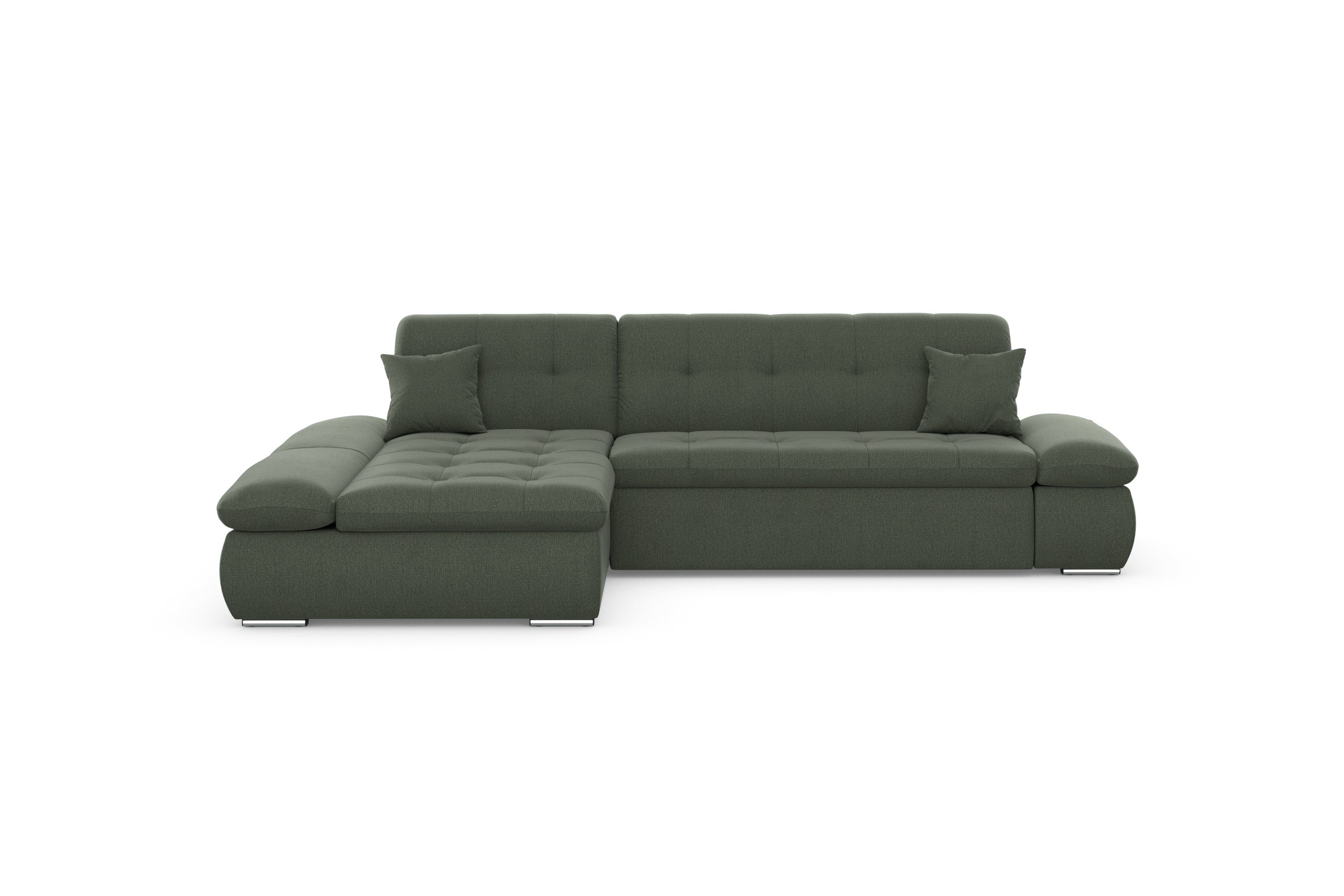 DOMO collection Hoekbank Moric, L-vorm, XXL-bank - Breedte 300cm keuze met bedfunctie en armleuningverstelling, donkergroen