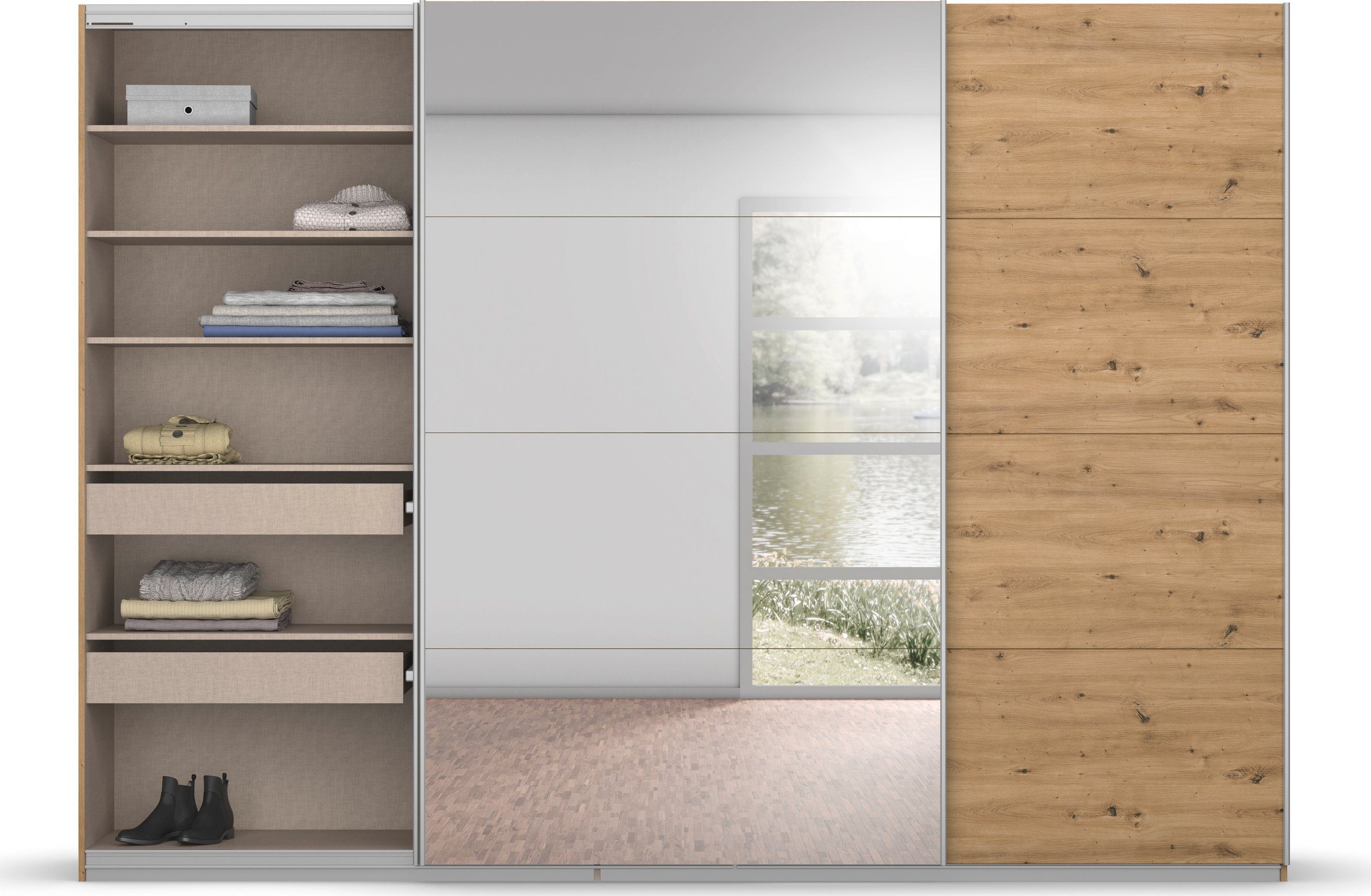 rauch Zweefdeurkast Kledingkast kast garderobe BESTSELLER KOLUNA met spiegel inclusief 2 binnenladen en extra legplanken made in germany