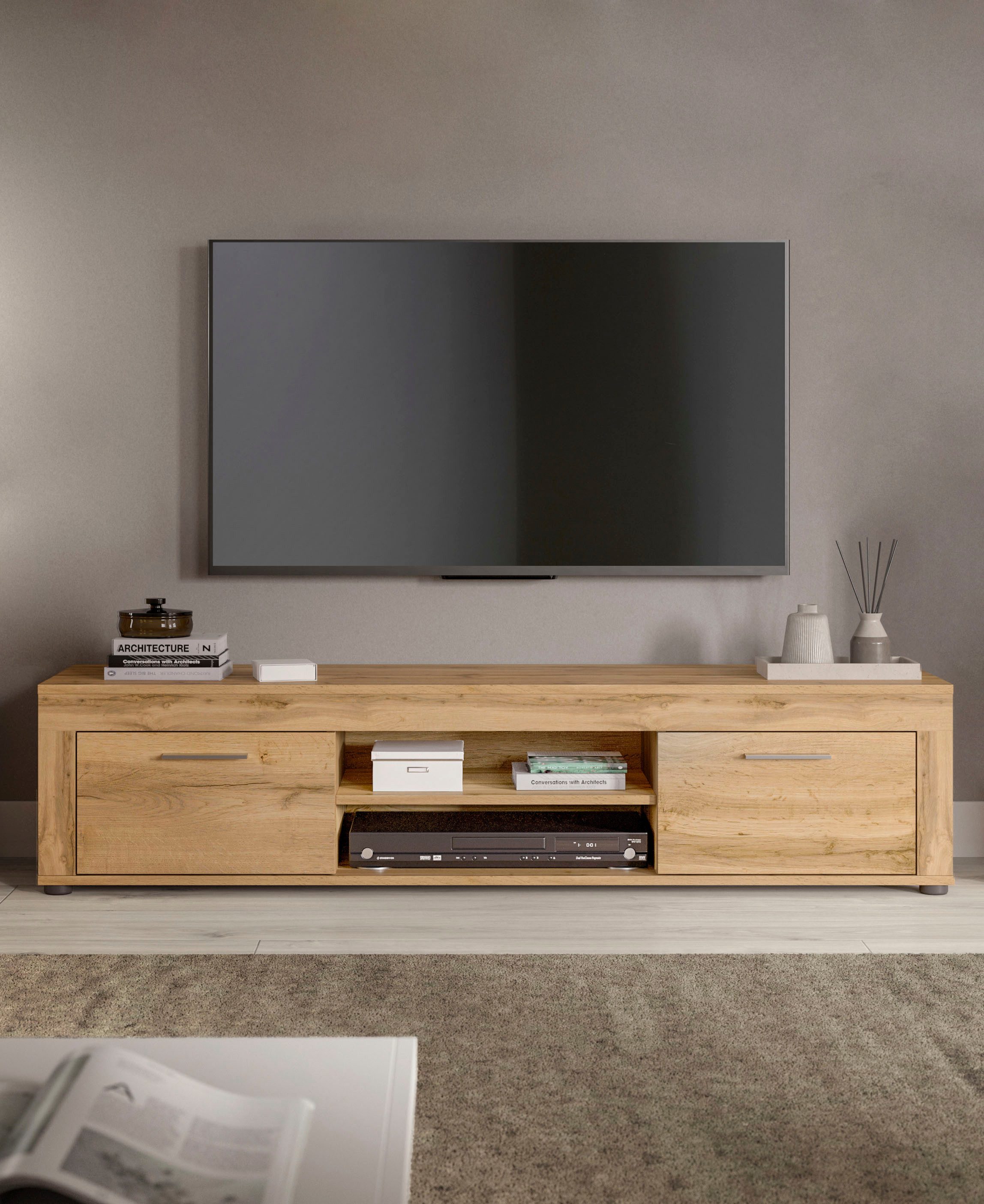 INOSIGN Tv-meubel Aosta, breedte 160 cm, in verschillende kleuruitvoeringen met 2 kleppen en 2 open vakken, tv-bord, mediabord, tv-meubel