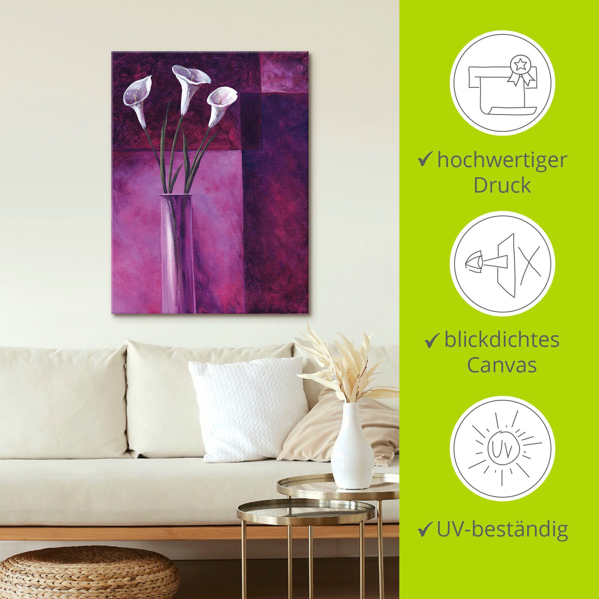 Artland Artprint Callas paars als artprint van aluminium, artprint voor buiten, artprint op linnen in verschillende maten