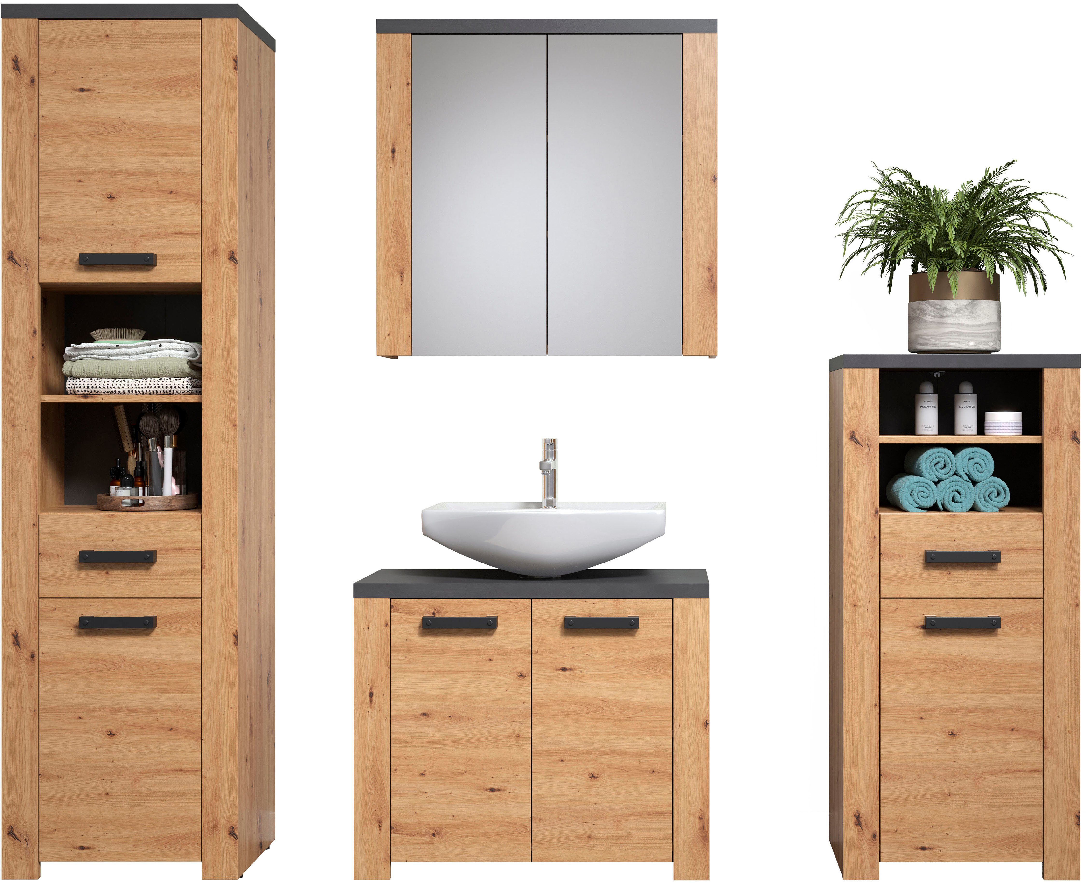 Home affaire Badkamerset Ambres Badkamermeubels in matte echt houtlook - afmetingen (B/D/H) 215/35/196 cm (4-delig)