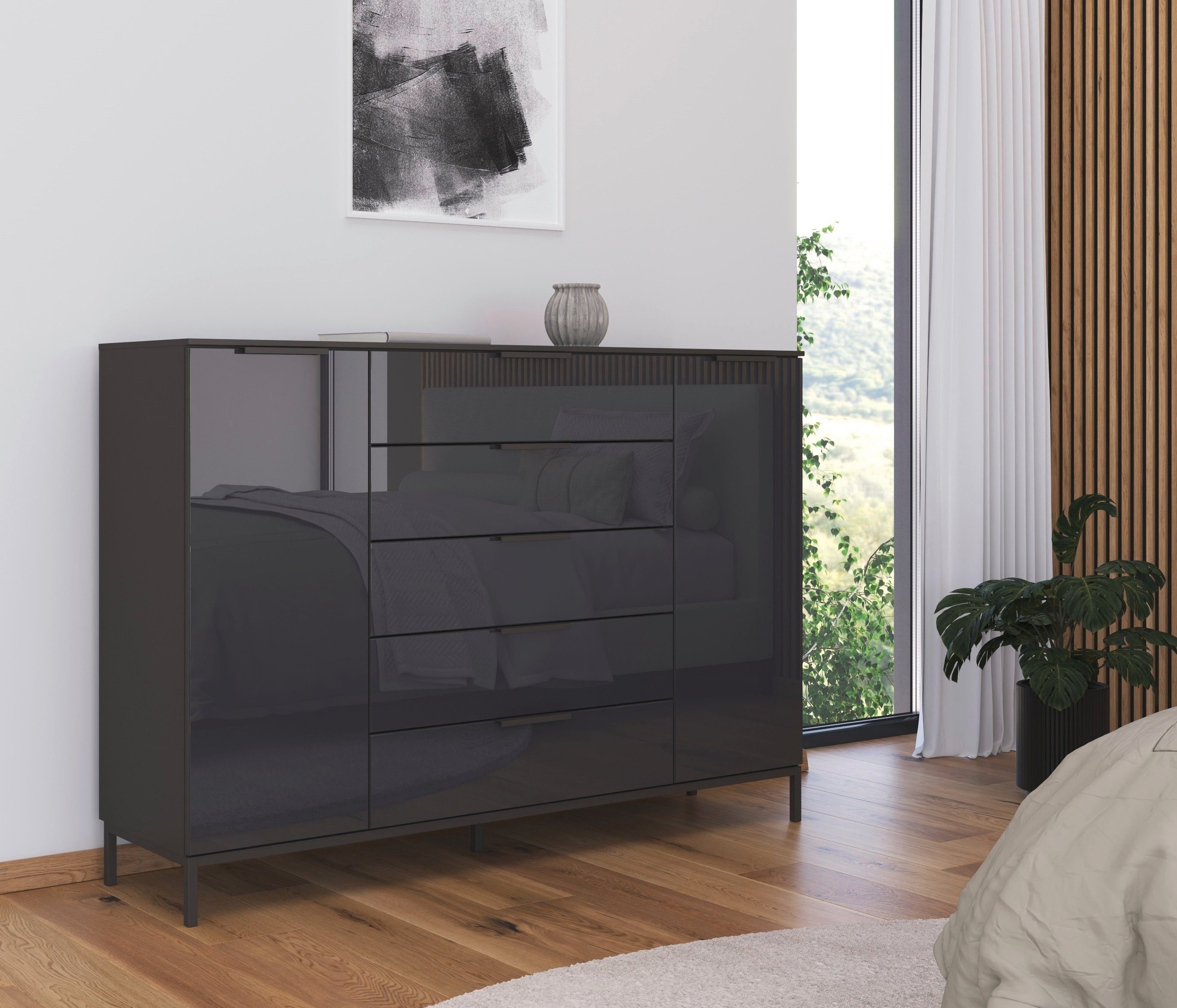 rauch Ladekast Flipp kast waskast bestseller sideboard 2-deurs met 5 laden en soft-close functie, glazen front, 2 breedtes
