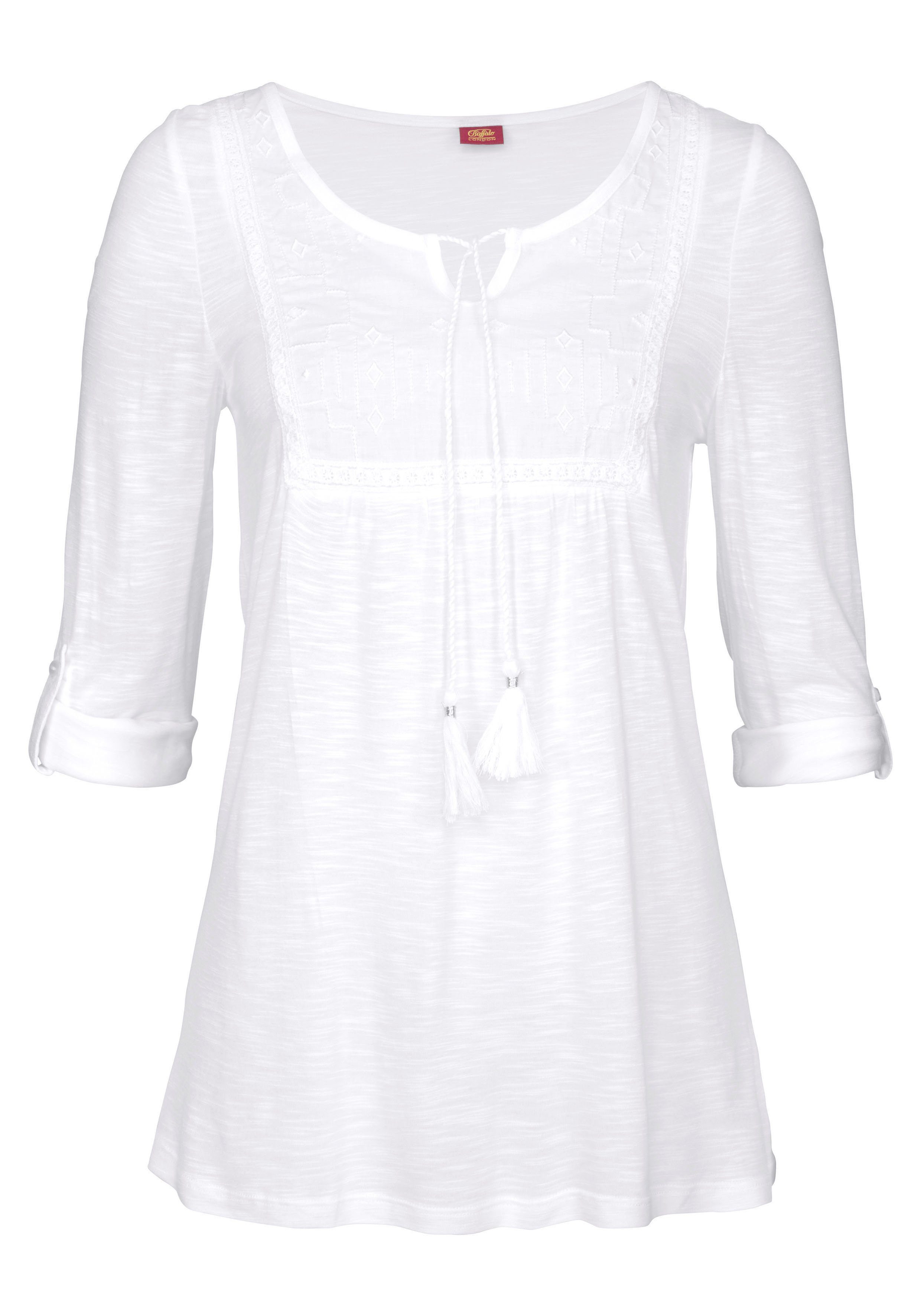 Buffalo Strandshirt met borduursel en kwastjes, tuniek, 3/4 mouw, blouseshirt