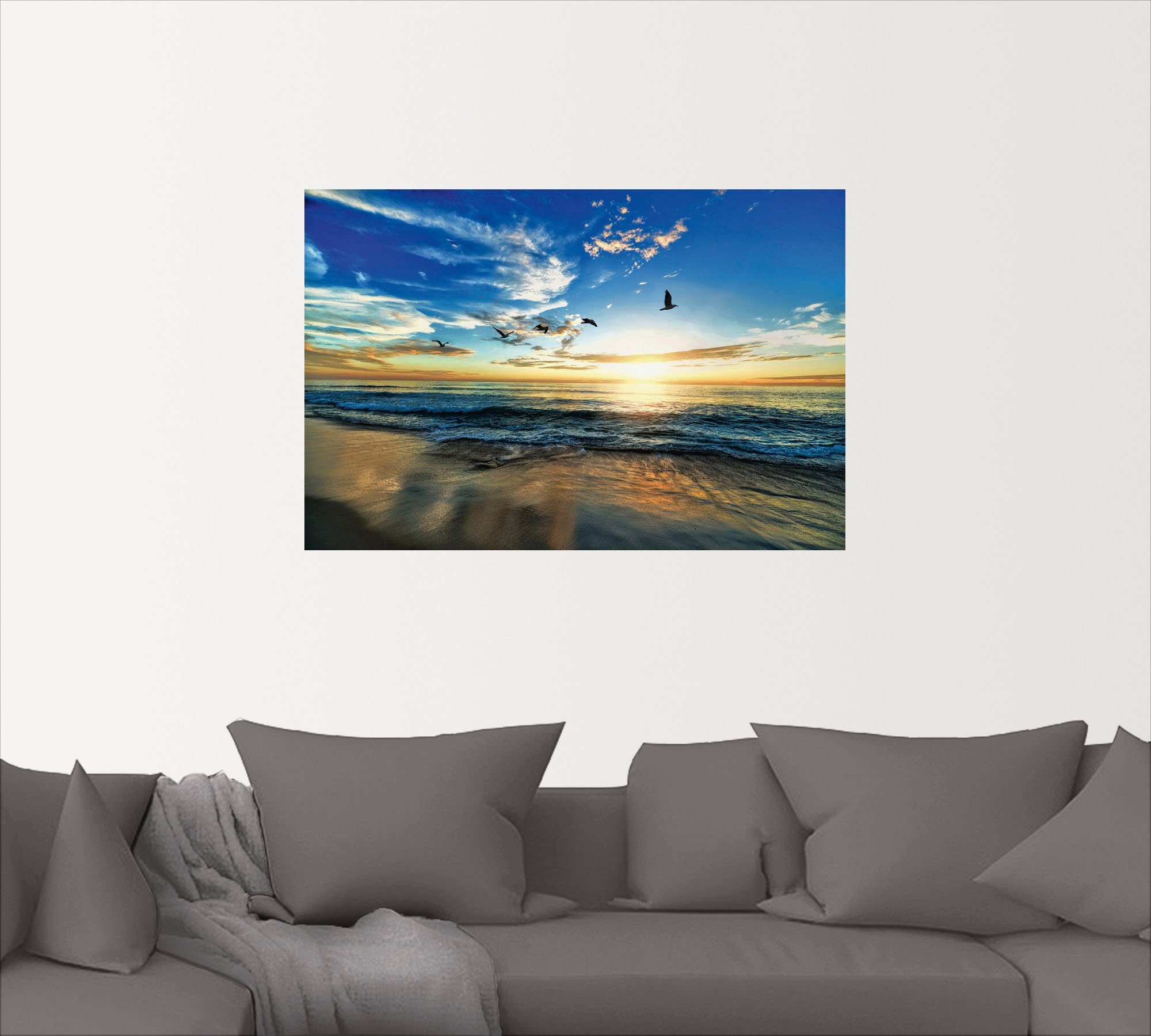Artland Artprint Strand meeuwen zee zonsondergang als artprint van aluminium, artprint voor buiten, artprint op linnen, poster, muursticker