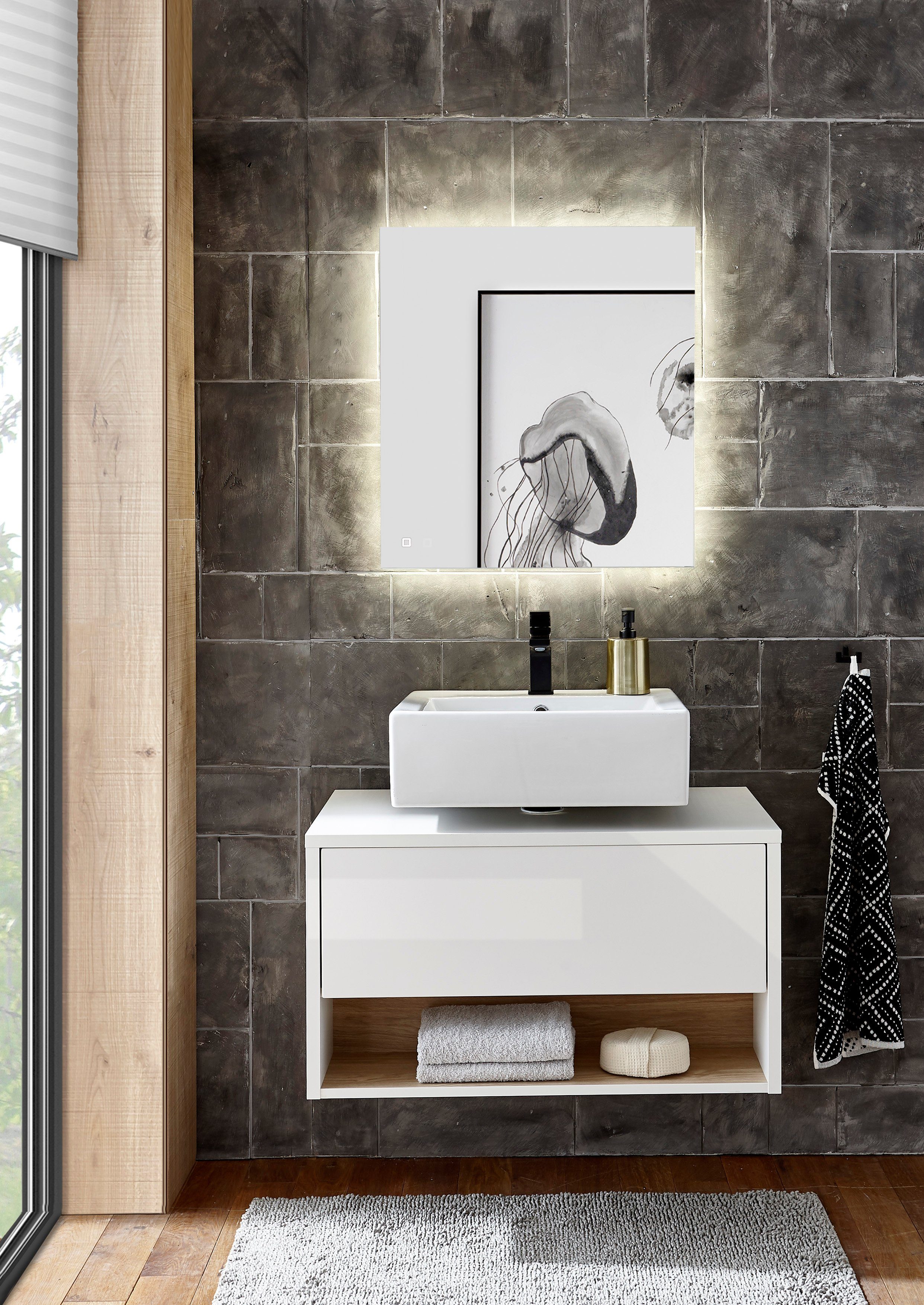 Places of Style Badkamerserie Studio Line, bad in modern ontwerp, 2-delig badkamer Onderkast en spiegel, in twee kleuren beschikbaar, veel opbergruimte (2-delig)