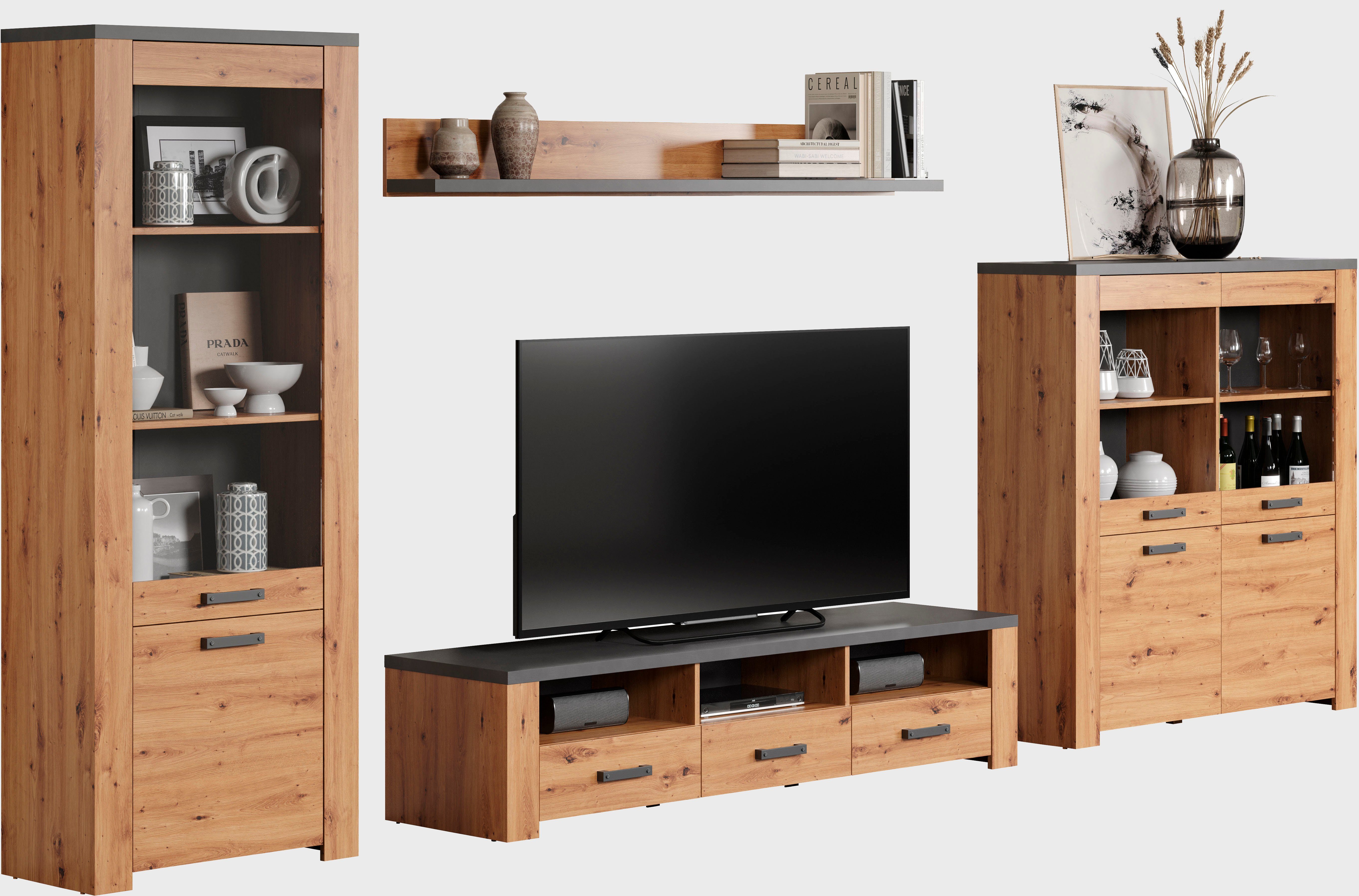 Home affaire Tv-wandmeubel Ambres Moderne tv-set, echt-hout-look, breedte ca. 409 cm, mat (4-delig)