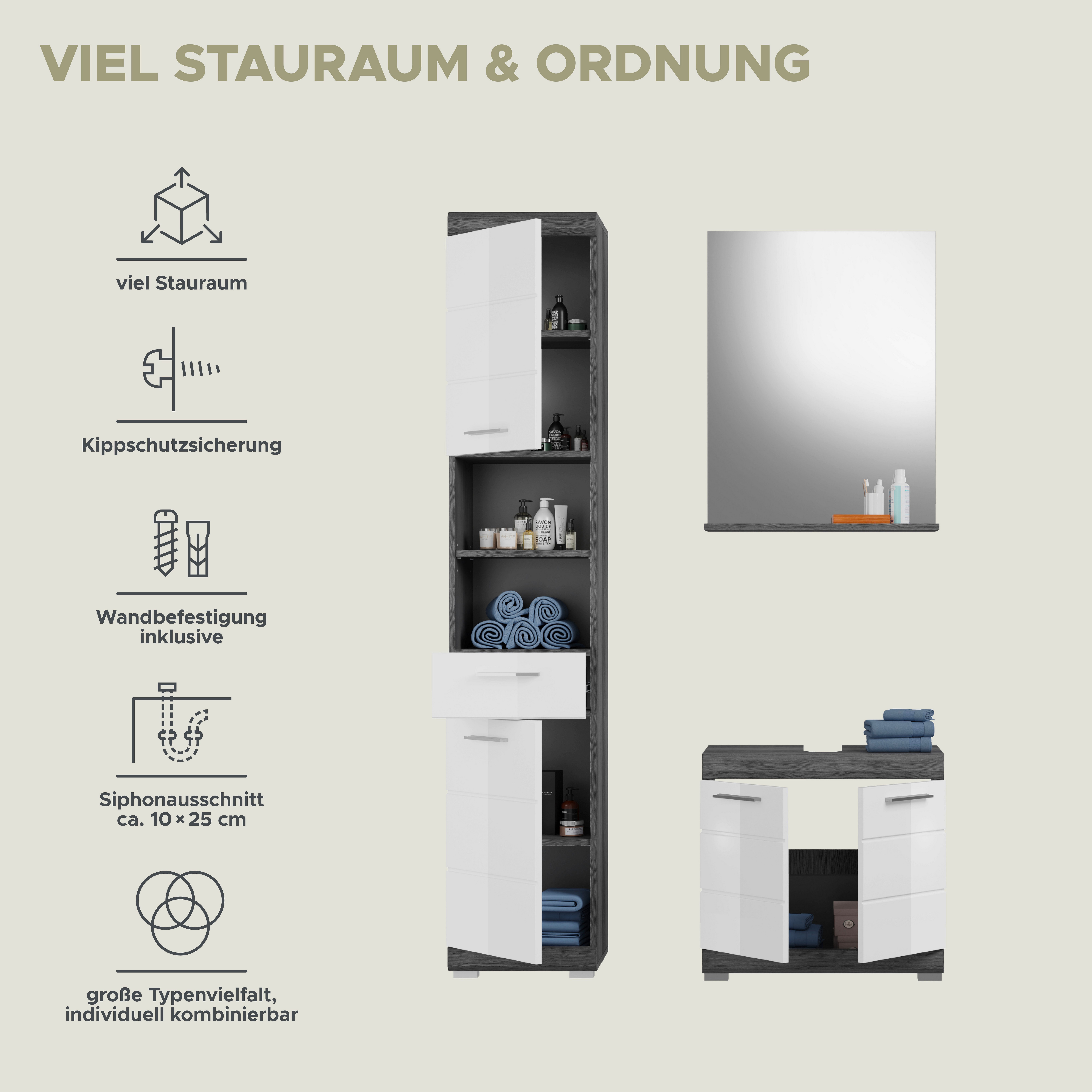 INOSIGN Badkamerserie Siena, 3-delig, bestaande uit: Hoge kast, wastafelonderkast, spiegel (set, 3-delig)