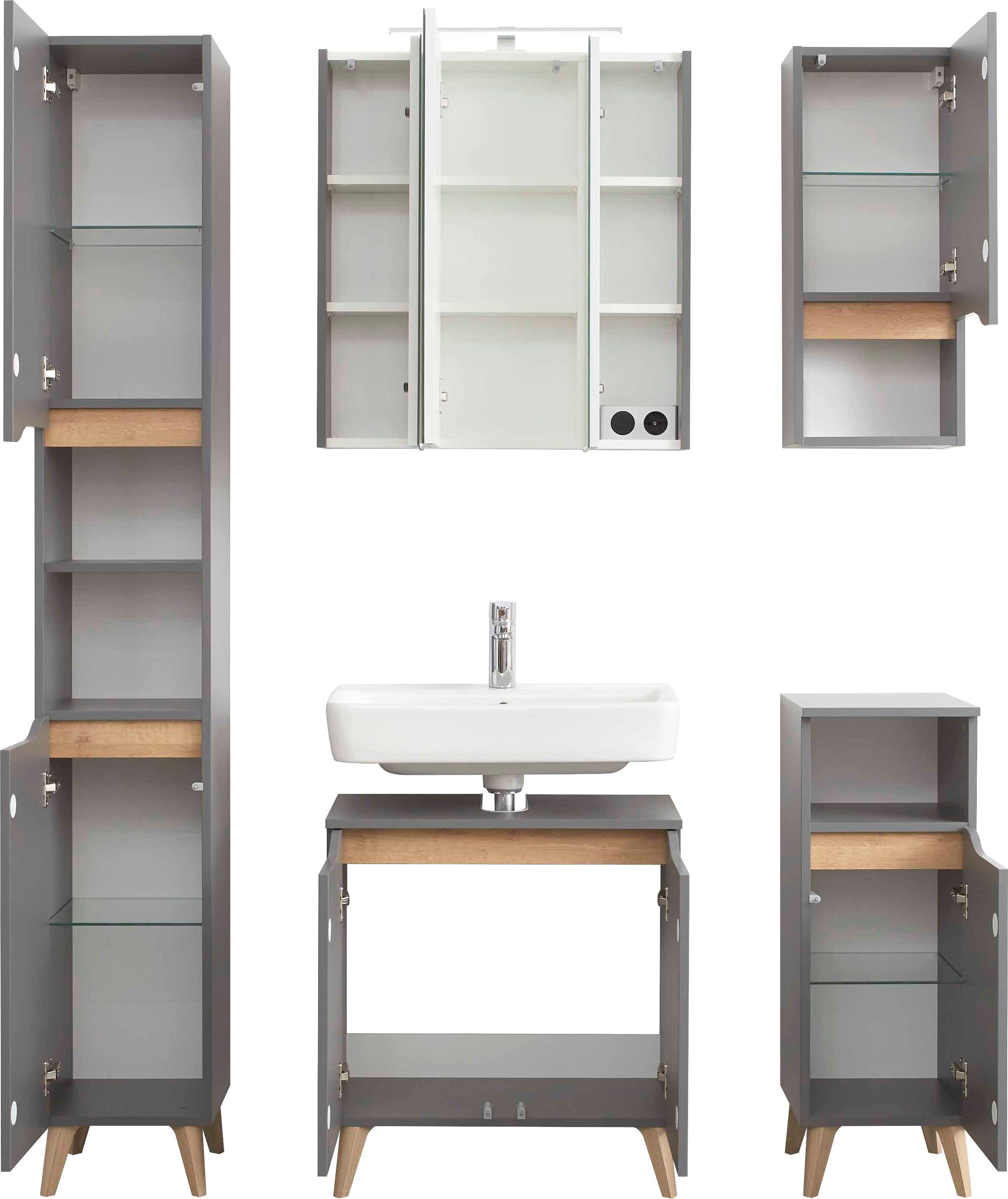Saphir Badkamerserie Quickset 5-delige wastafelonderkast en LED-spiegelkast Hoge kast, onderkast, hangend kastje, inclusief deurdemper, 9 deuren (5-delig)