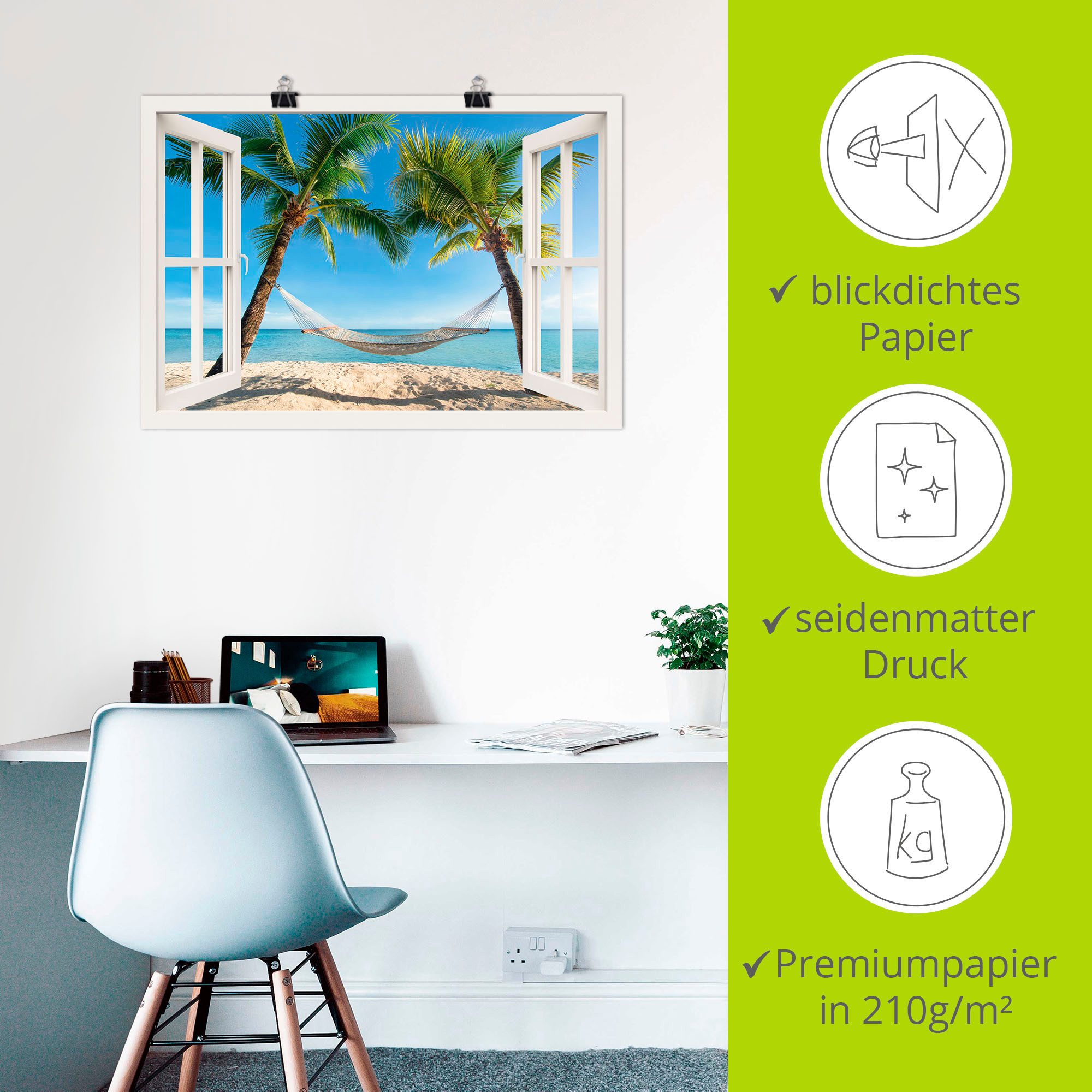 Artland Artprint Blik uit het venster palmenstrand Caribic als artprint van aluminium, artprint voor buiten, artprint op linnen, poster, muursticker