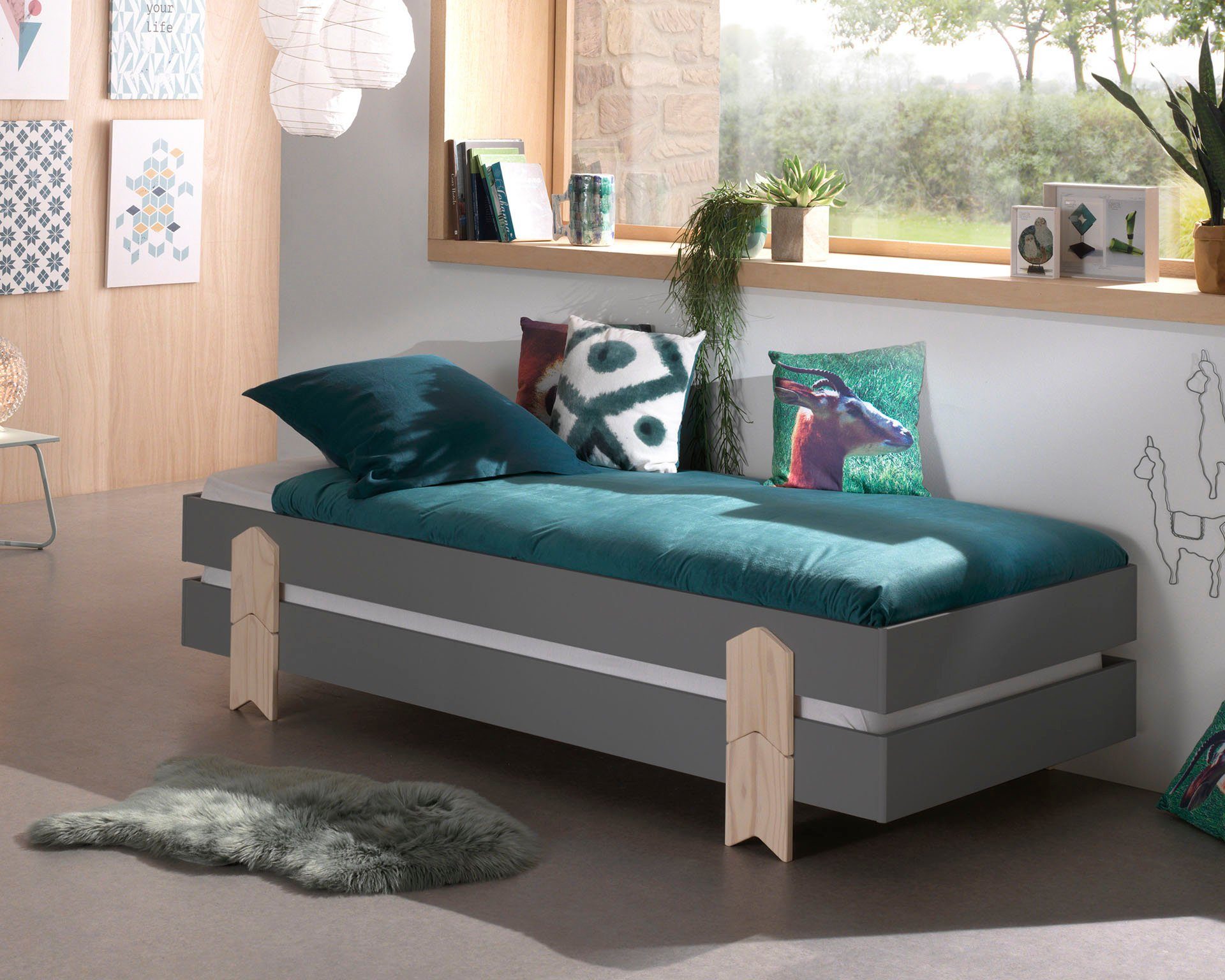 Vipack Kinderledikant Modulo Tienerbed, 1-persoons, stapelbed met poten in pijl-look