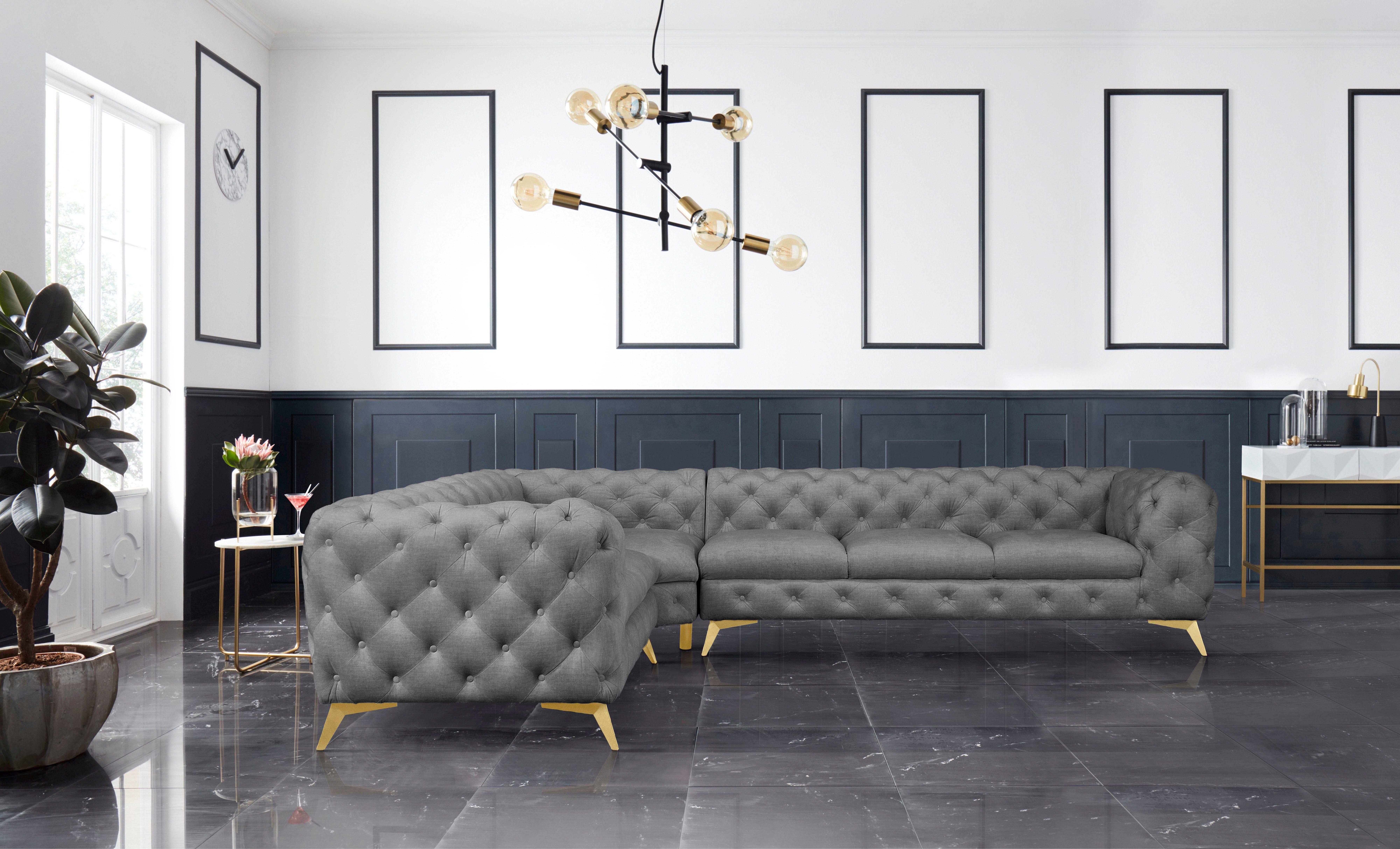 Leonique Chesterfield-bank Glynis L-vorm luxueuze capitonnage, moderne chesterfield look, kleur van de poten ter keuze