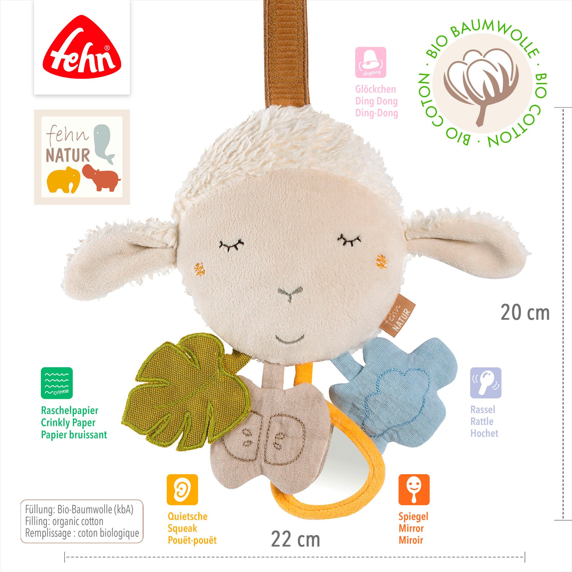 Fehn Grijpspeeltje FehnNATUR, activiteit-schaap ter bevestiging aan kinderwagen, babyzitje of bed