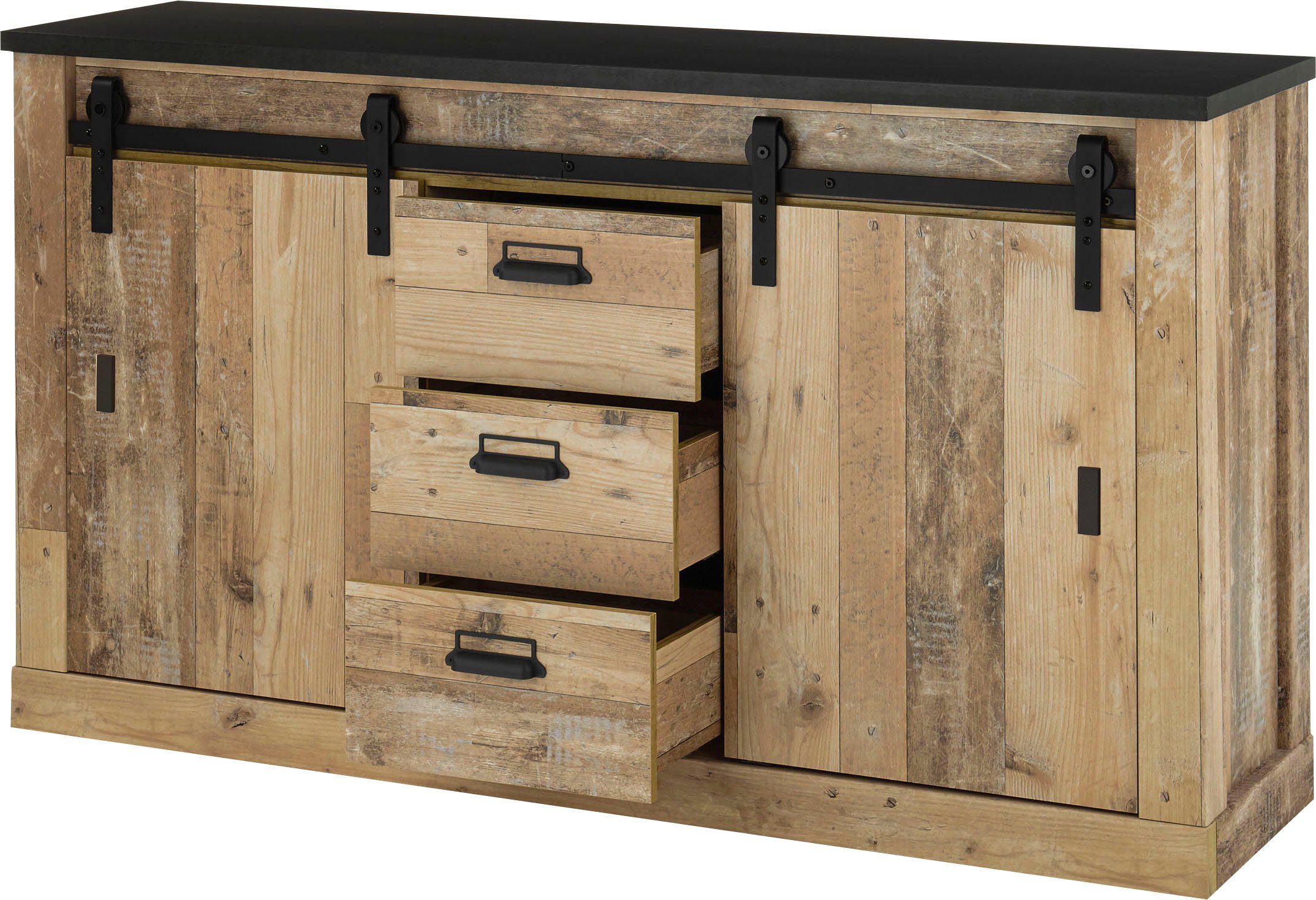 Home affaire Dressoir Sherwood Houtdecor, met schuurdeurbeslag en apothekersgrepen, breedte 161 cm