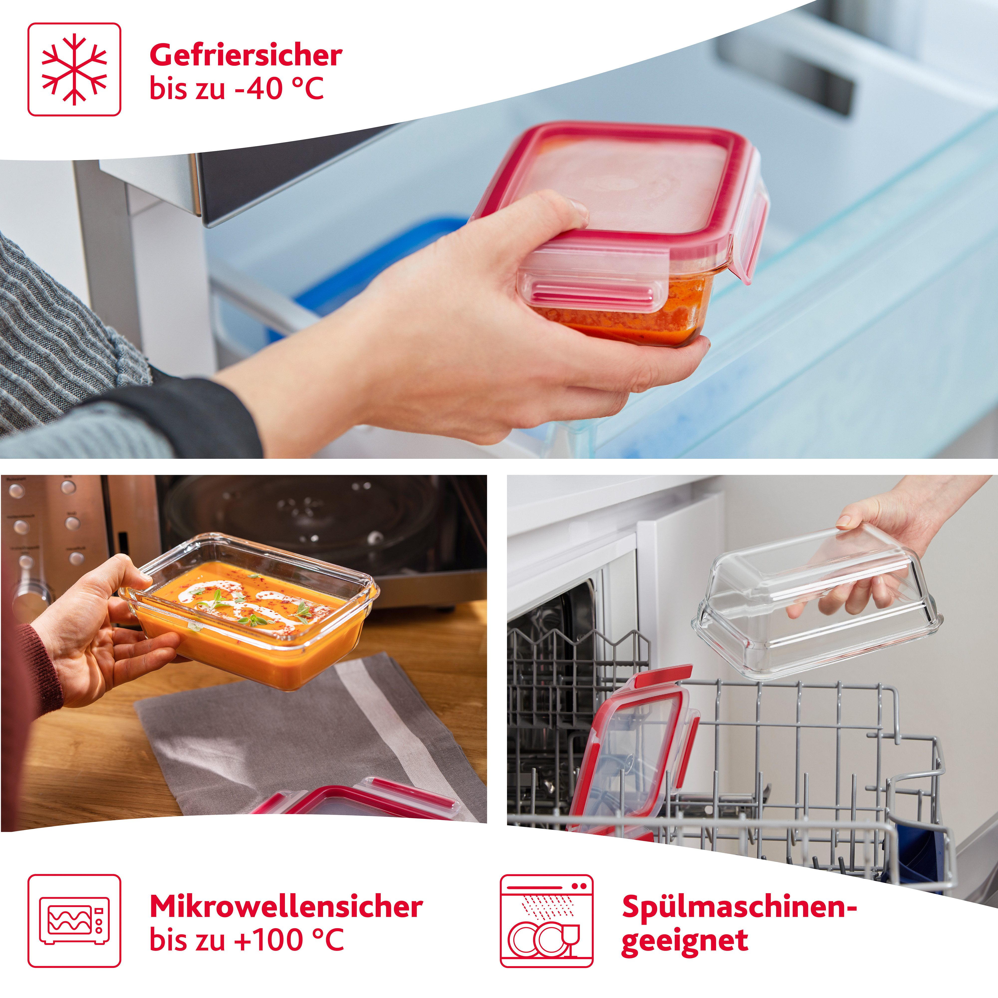 Emsa Bewaarbeker Clip & Close Glas 0,8 liter, vierkant, stapelrand, ovenbestendig, lekvrij (2-delig)