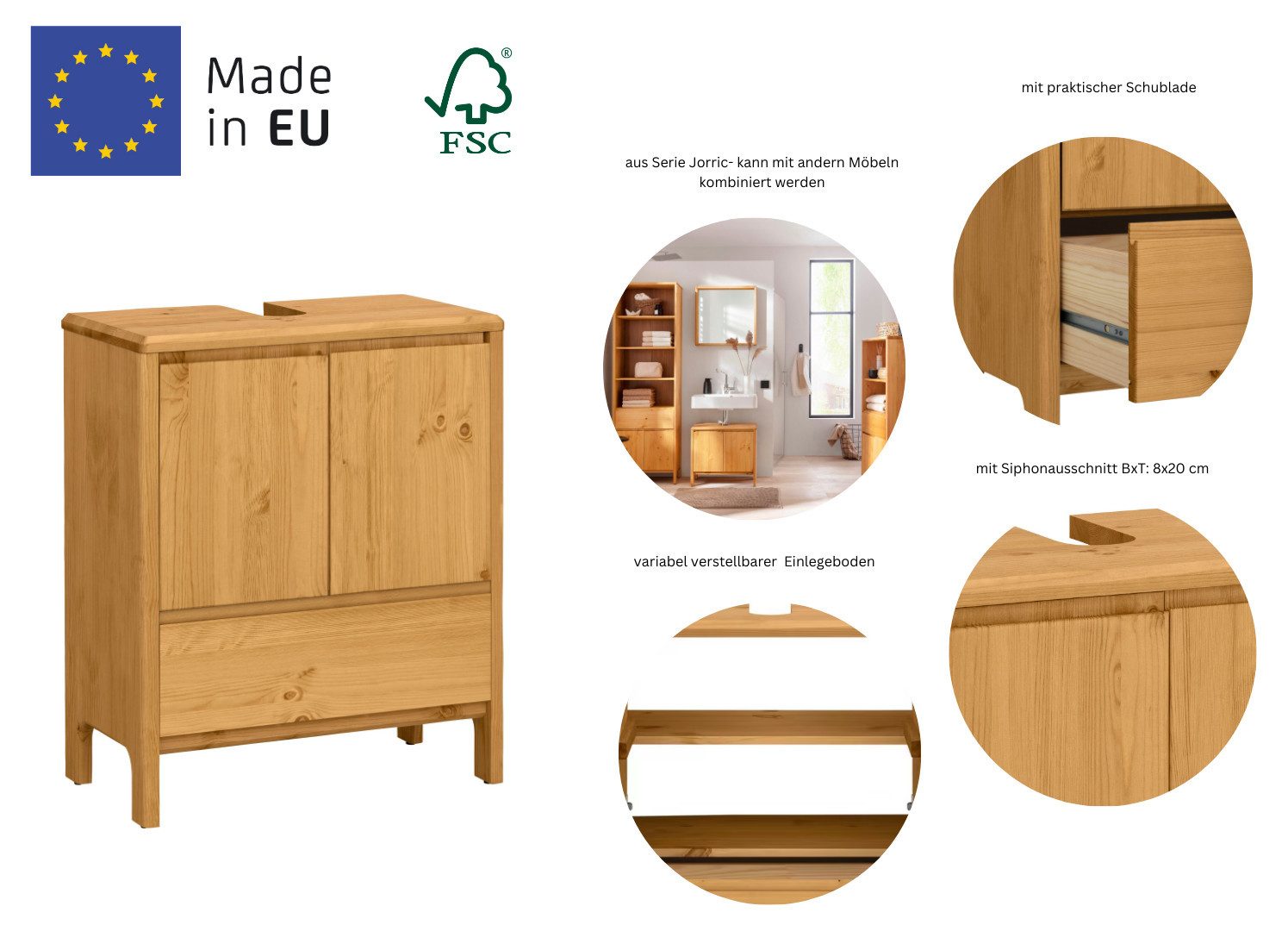 OTTO products Wastafelonderkast Jorrick Breedte 60 cm, grenen met bio olie/was behandeld, sifonuitsparing