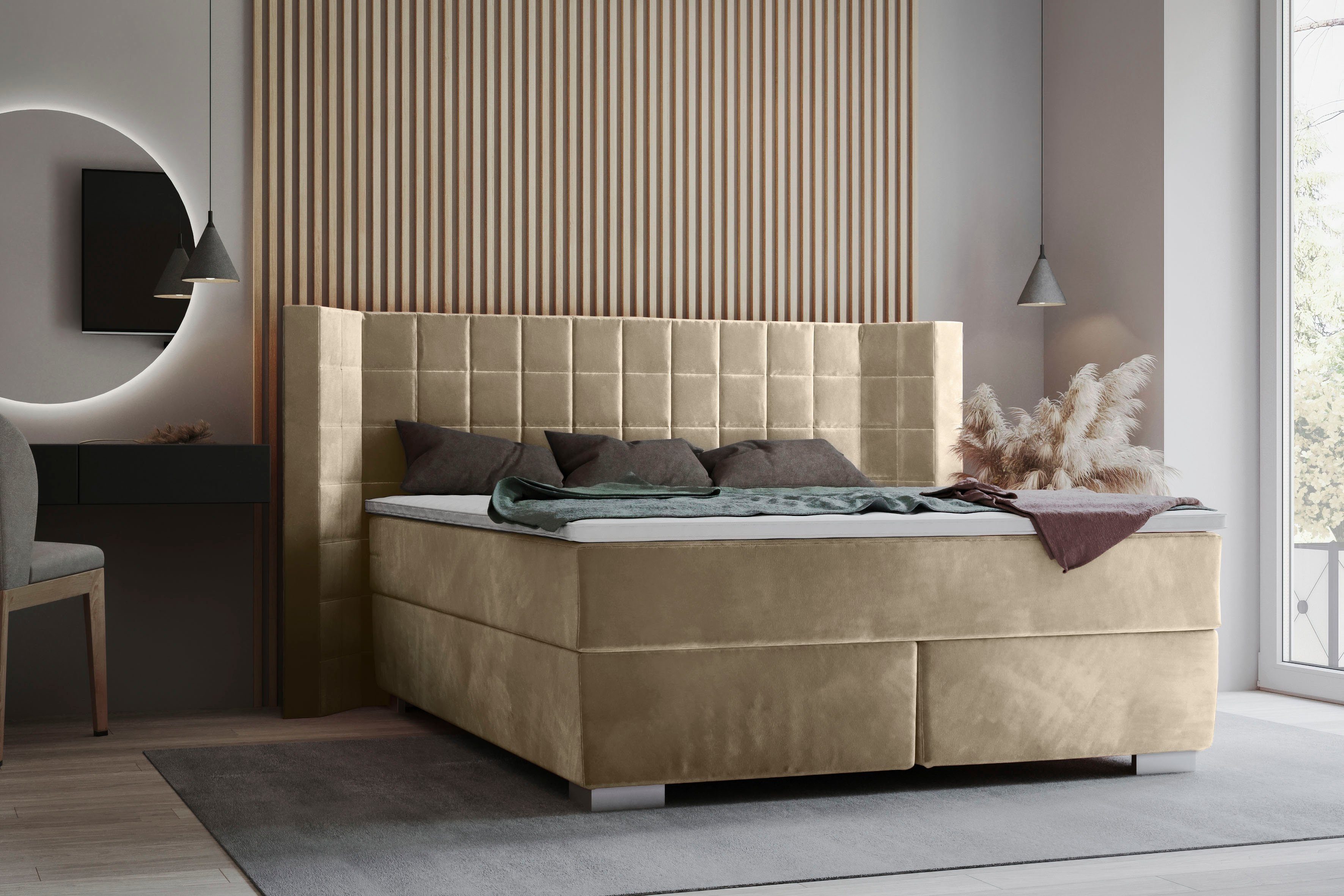 Places of Style Boxspring Piazza met stiksels en hoofdbord met vleugels opzij boxsprings beige
