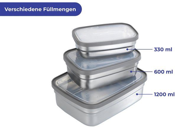 Maximex Lunchbox Roestvrij staal Brooddozen in 3 maten, luchtdichte deksels, vaatwasmachinebestendig (set, 3-delig)