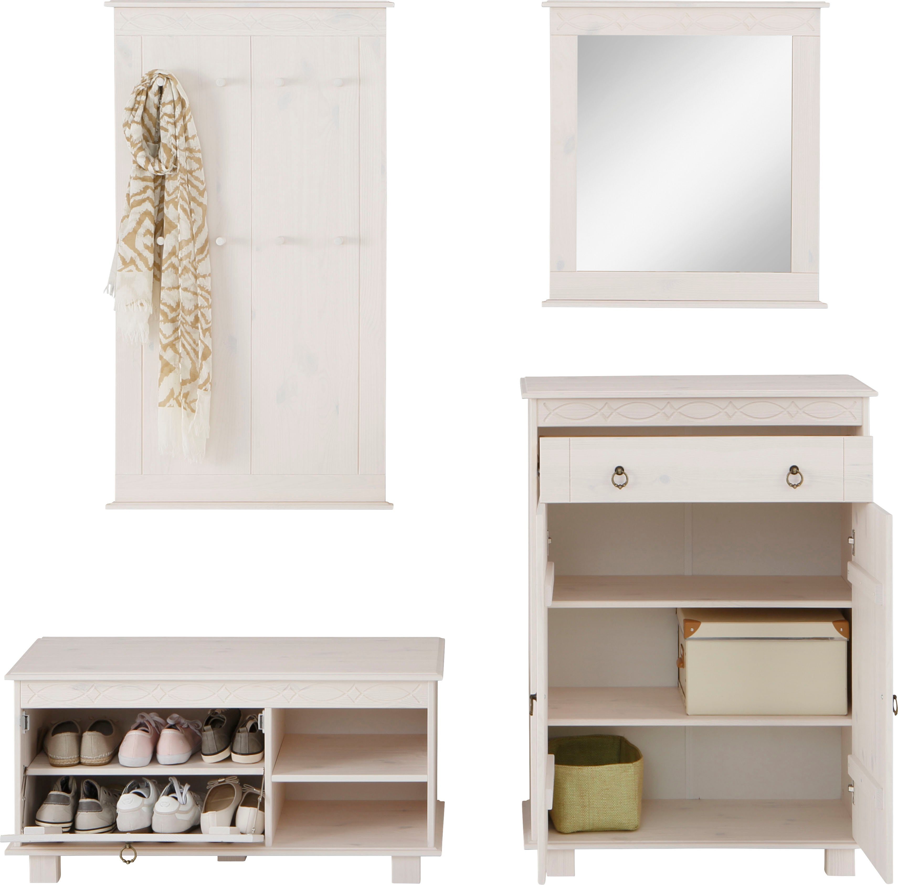 Home affaire Halmeubelset Indra 4-delig set: schoenenbank, paneel, spiegel, commode, massief dennenhout (set, 4-delig)