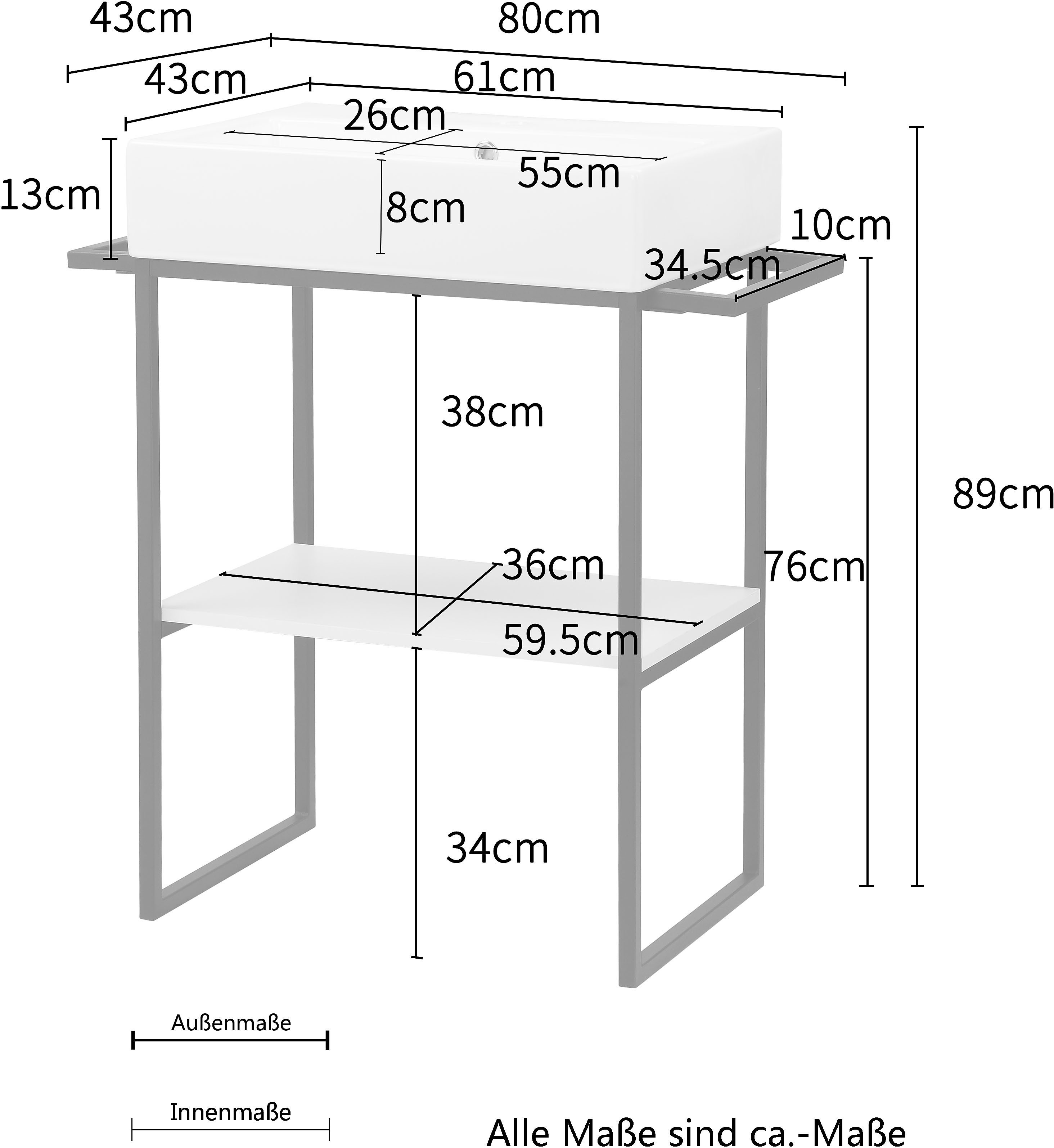 welltime Wastafelonderkast Stockholm Badkamermeubels metaallook incl. wasbak, breedte 60 cm wastafel