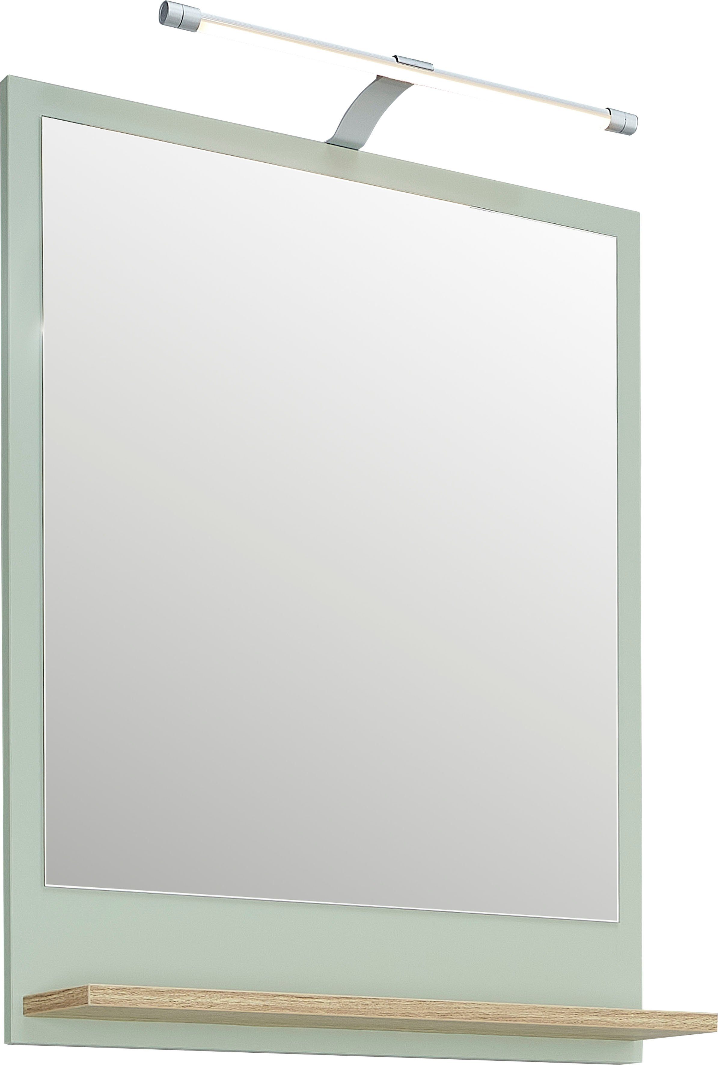 Saphir Badspiegel Quickset spiegel met plank, 60 cm breed, 74,5 cm hoog Vlakke spiegel salie imitatie, Riviera eik imitatie dwars