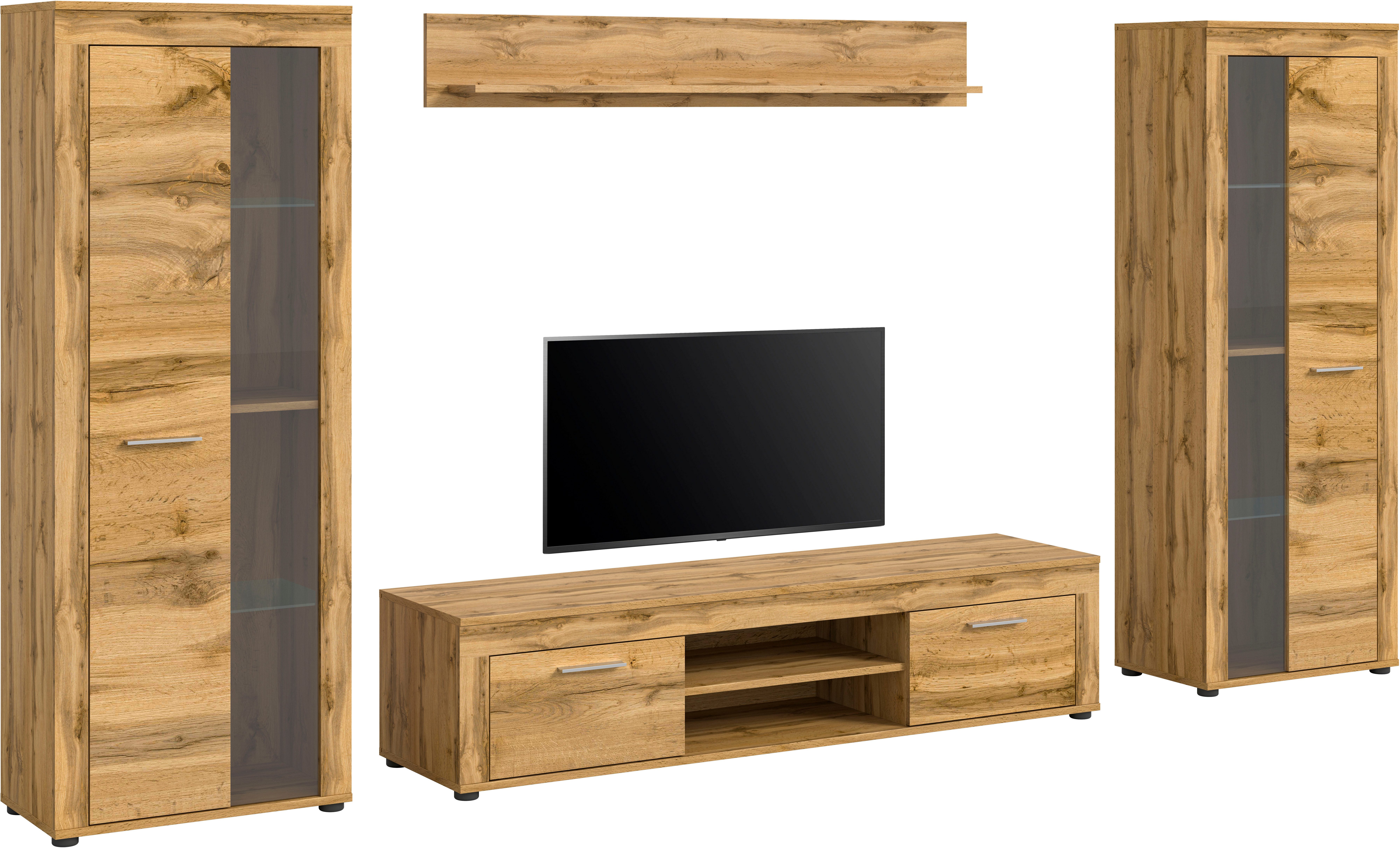 INOSIGN Woonkamerset Aosta, breedte 310 cm, bestaat uit: 2x vitrinekast, lowboard, wandplank