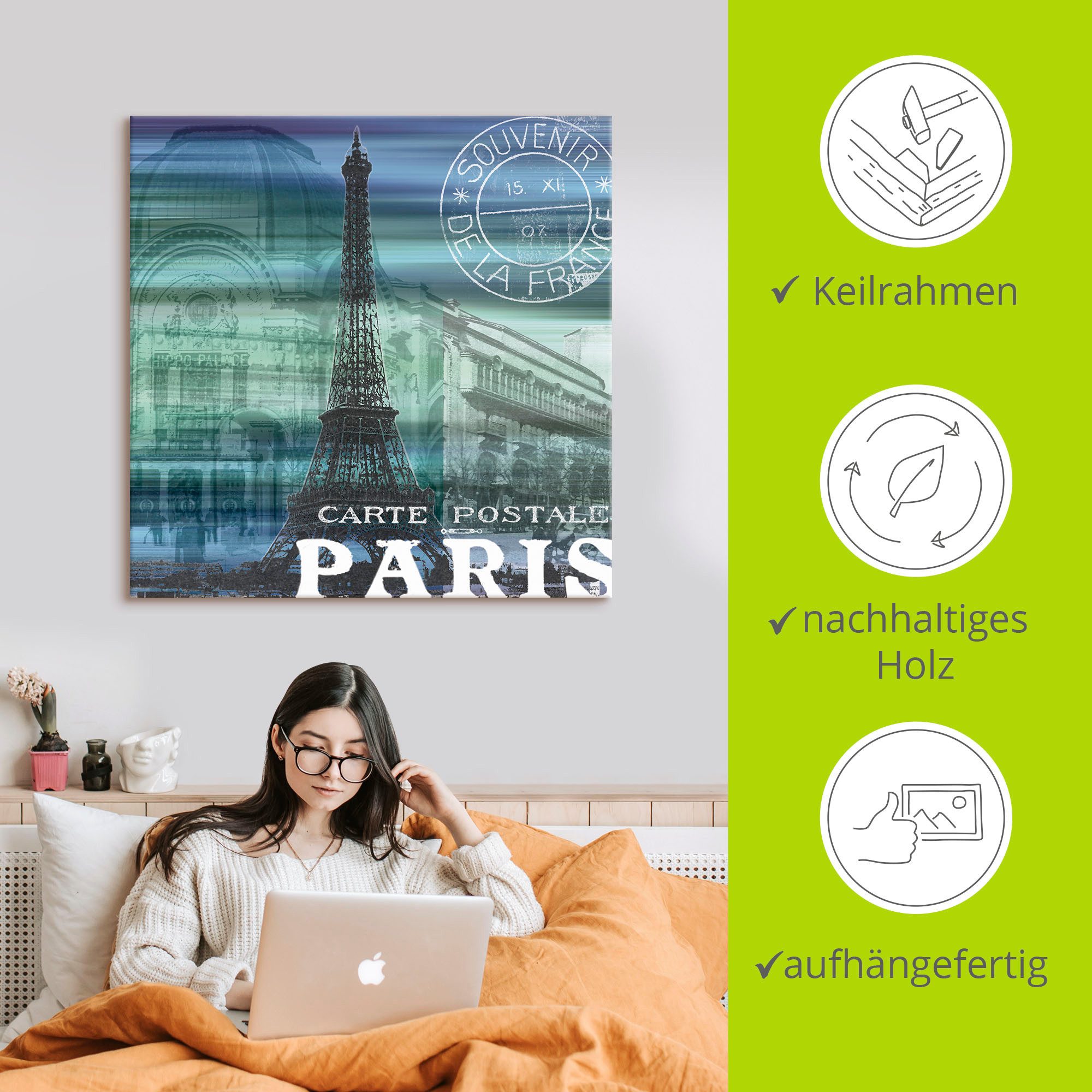 Artland Artprint op linnen Paris Collage - blauw gespannen op een spieraam