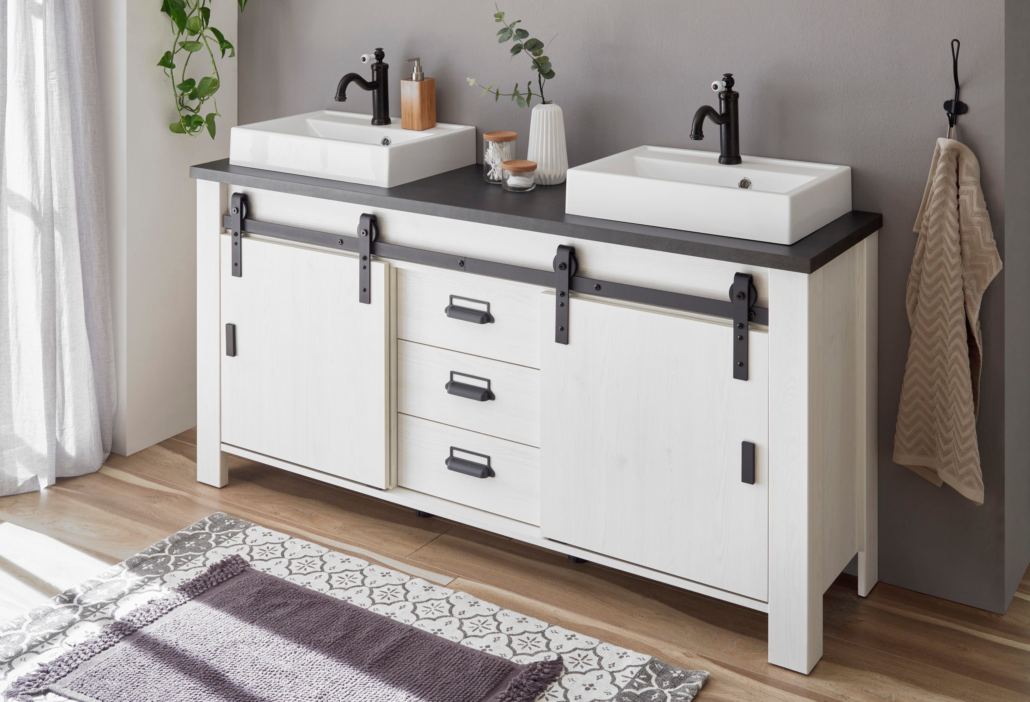 Home affaire Wastafelonderkast Sherwood Hout, schuurdeurbeslag en apothekersgrepen van metaal, hoogte 91 cm (1 stuk)