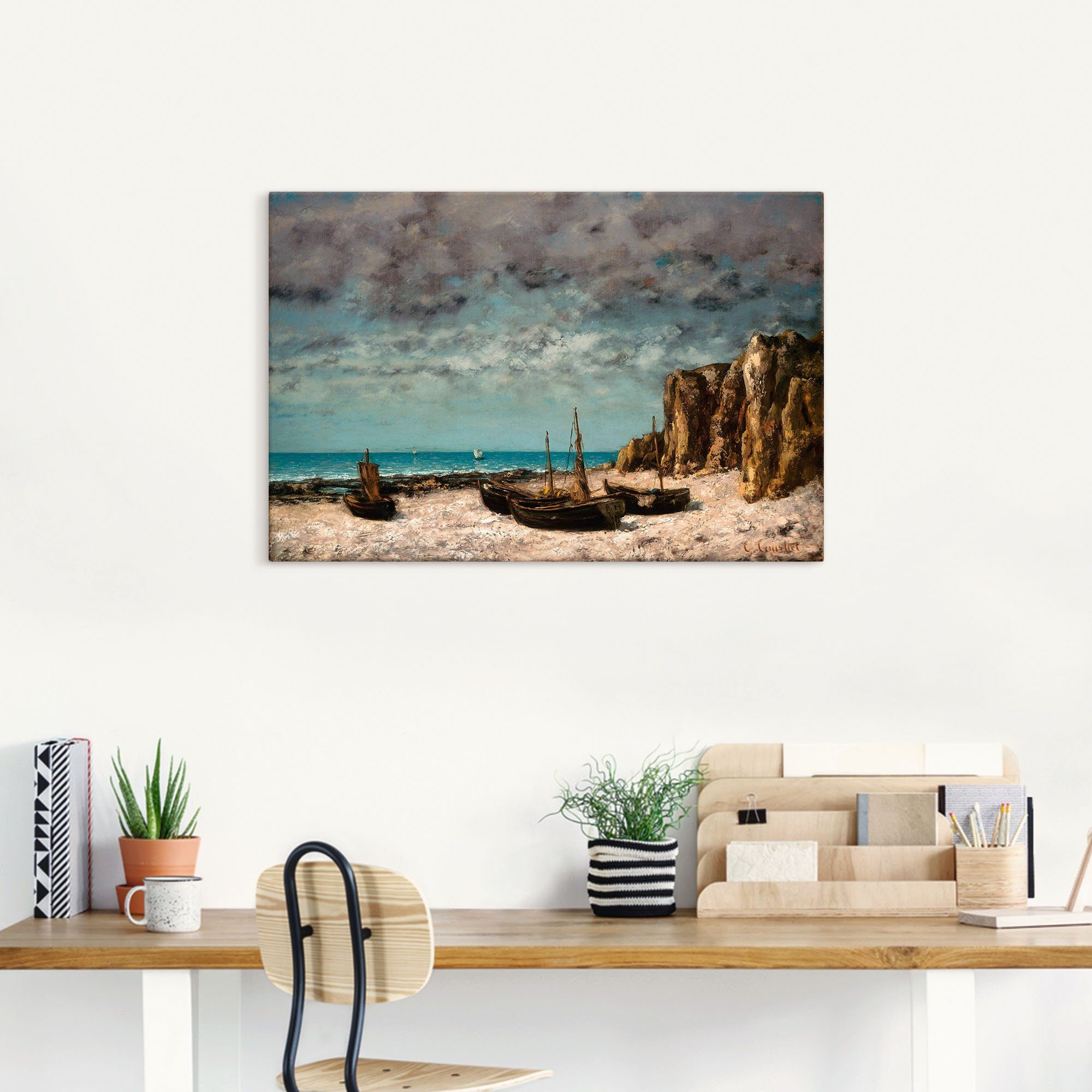 Artland Artprint Boten op het strand van Etretat. Rond 1872/75 als artprint op linnen, poster in verschillende formaten maten
