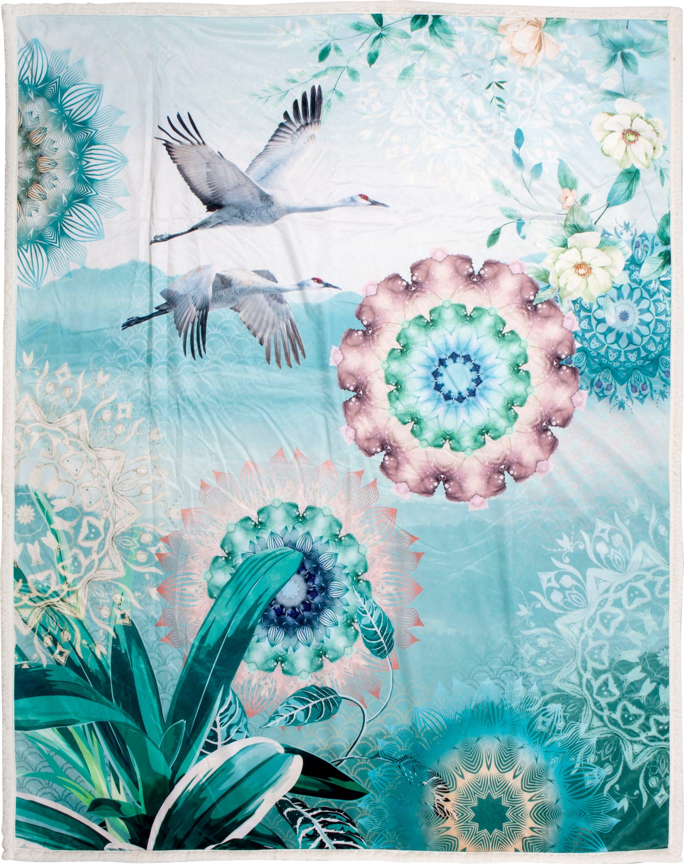 hip Plaid Bindi Zeer zacht, knuffeldeken, 130x160 cm, omkeerbaar, vogel, groen bedtextiel grijs