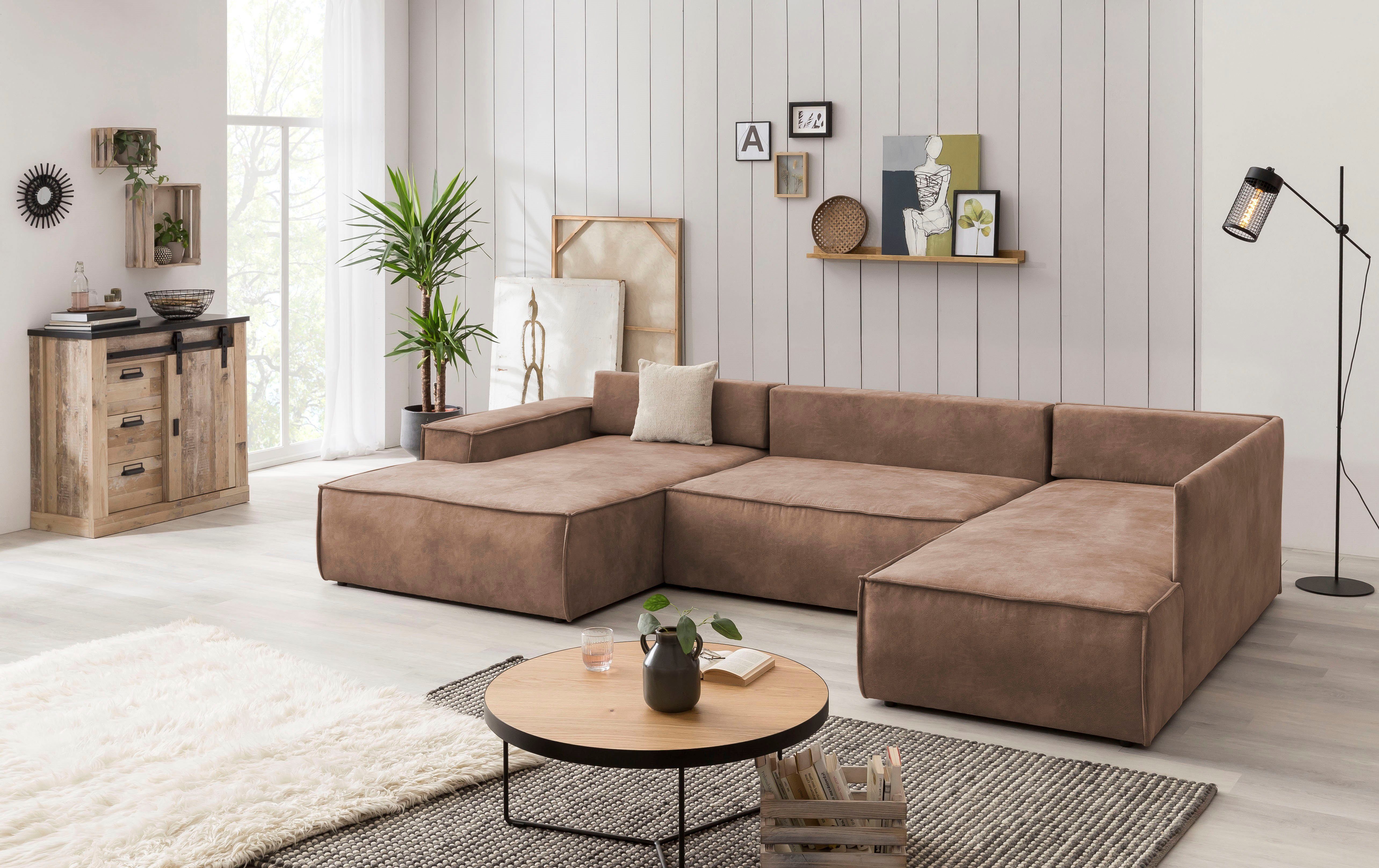 Home affaire Zithoek SHERWOOD 329 cm, U-vorm, slaapbank, Slaapfunctie met bedkist (194x139 cm), cord, vintage, fluweel