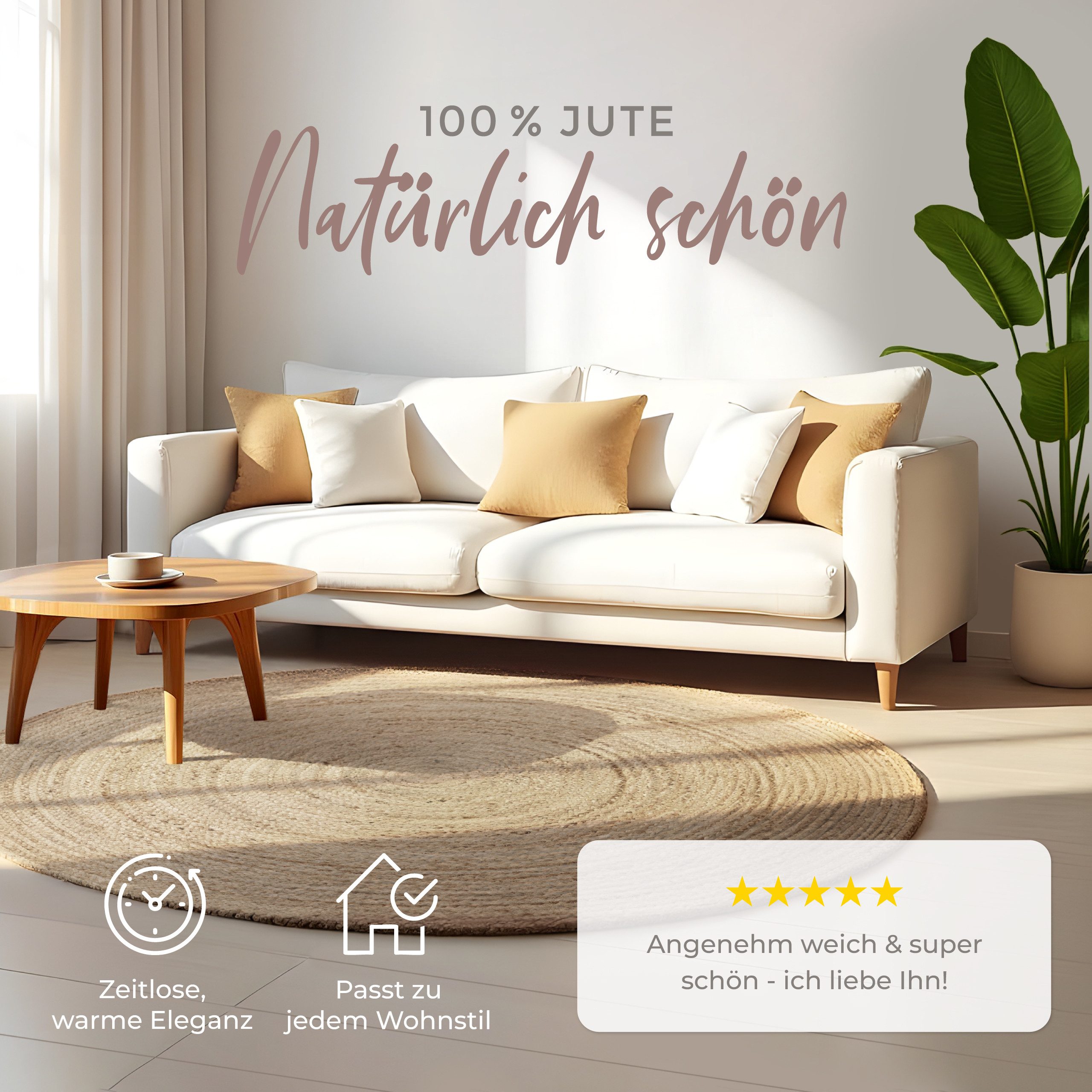 carpetfine Vloerkleed Nele jute-vloerkleed natuurmateriaal gevlochten tweezijdig te gebruiken kleed van 100% jute, in rond en ovaal, vele maten