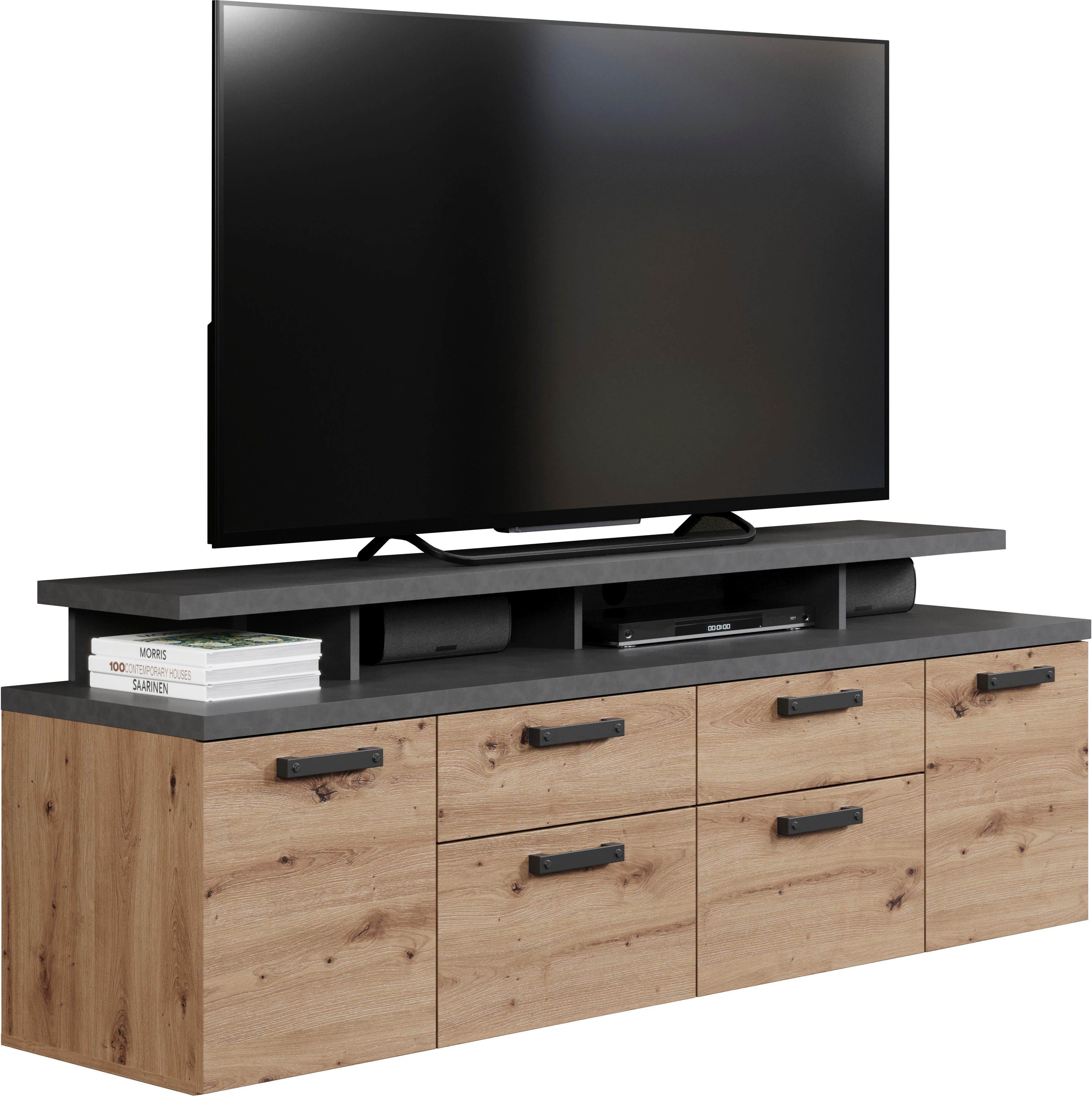 Home affaire Tv-kast Ambres Lowboard inclusief opzetstuk in eik/grijs - Met volledige uittrekfunctie (1 stuk)