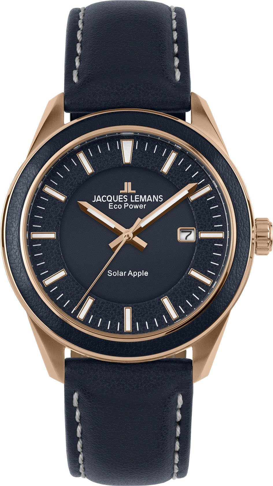 Jacques Lemans Solarhorloge Eco Power Solar Apple, 1-2116C Horloge, herenhorloge, datum, glow-in-the-dark wijzers, gehard Crystexglas