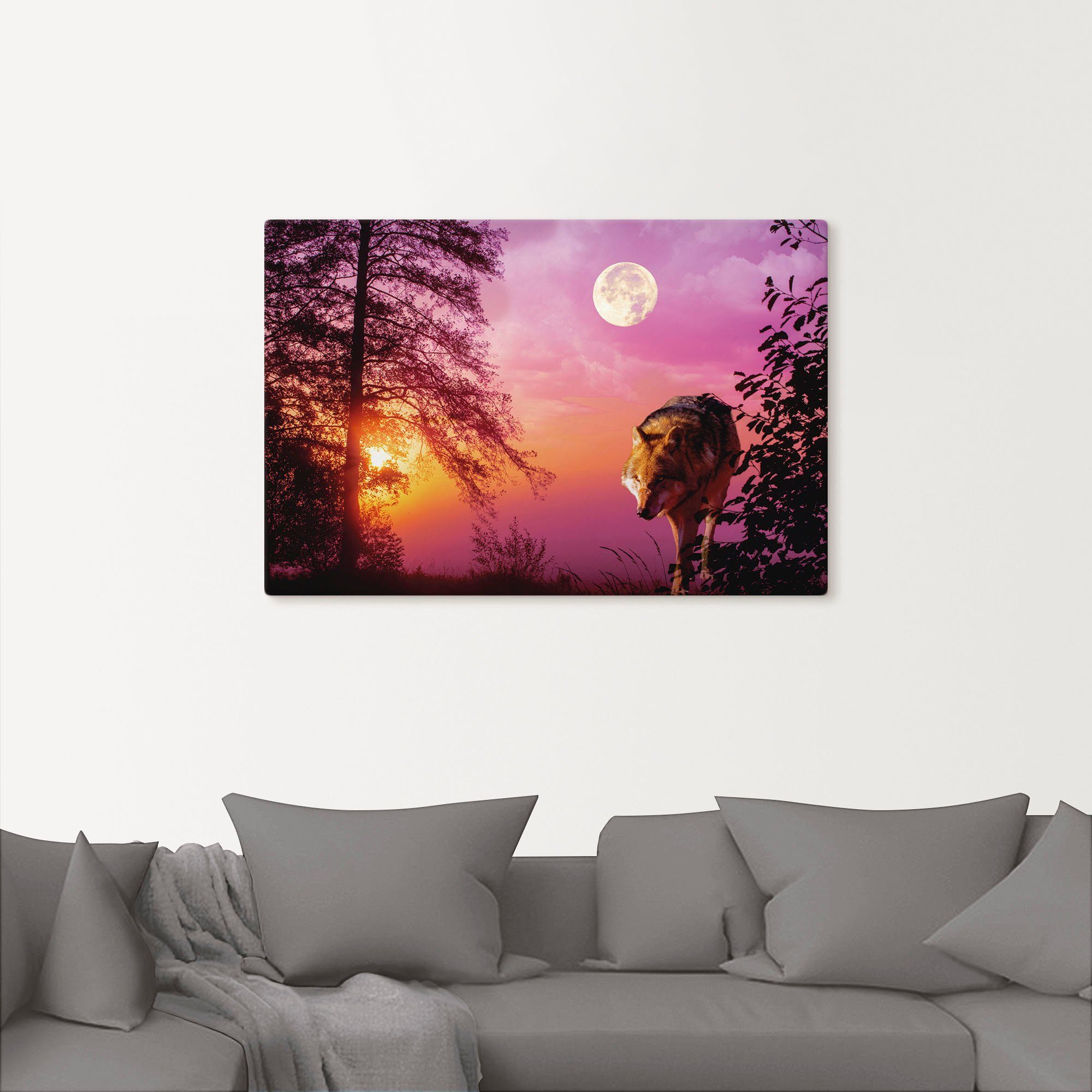 Artland Artprint Wolf bij volle maan als artprint van aluminium, artprint voor buiten, artprint op linnen, poster in verschillende maten. maten
