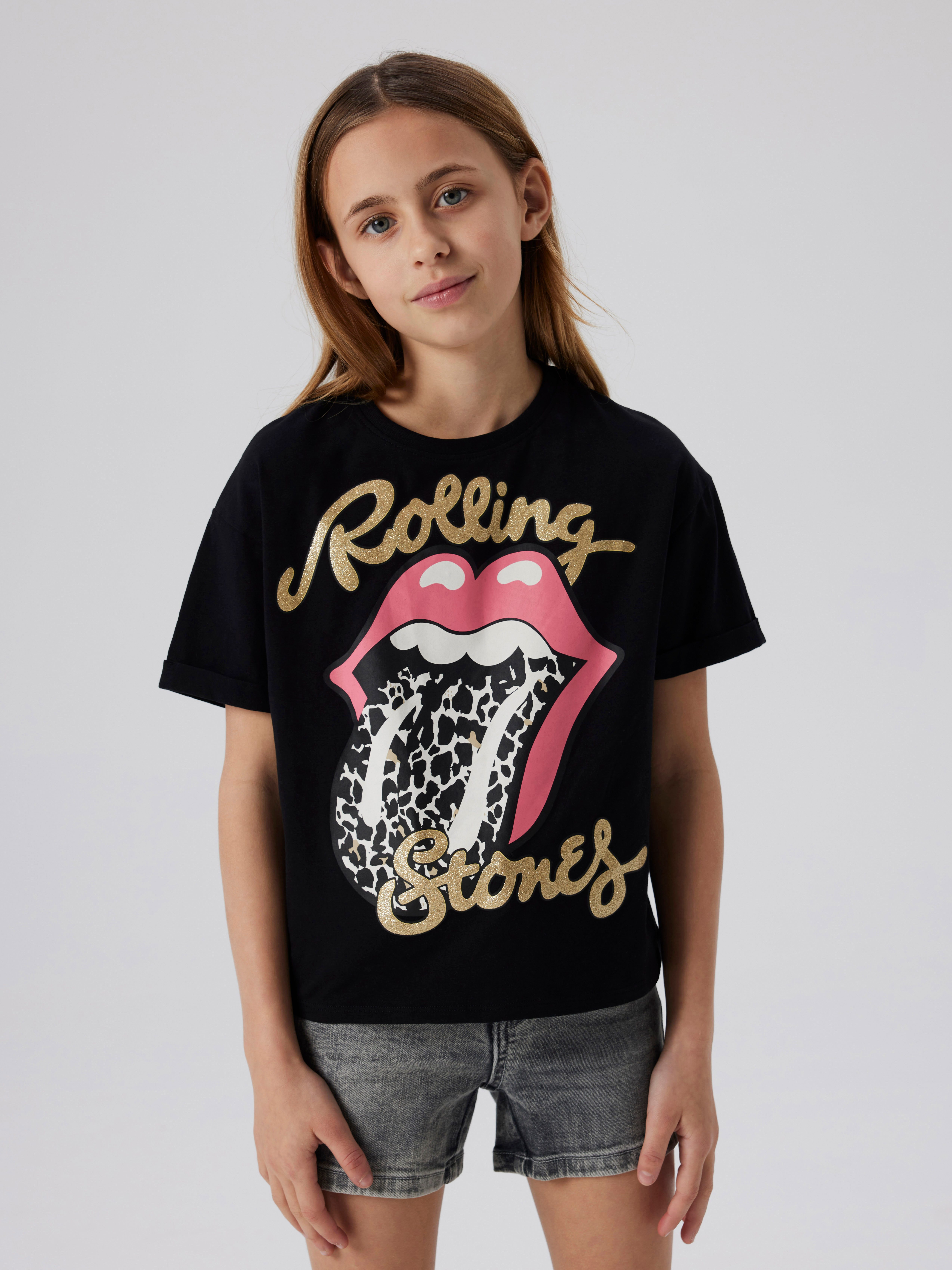Name It Shirt met korte mouwen NKFFARDA ROLLNGSTONES SS NREG TOP UNV meisjes t-shirts maat 134 (140) zwart