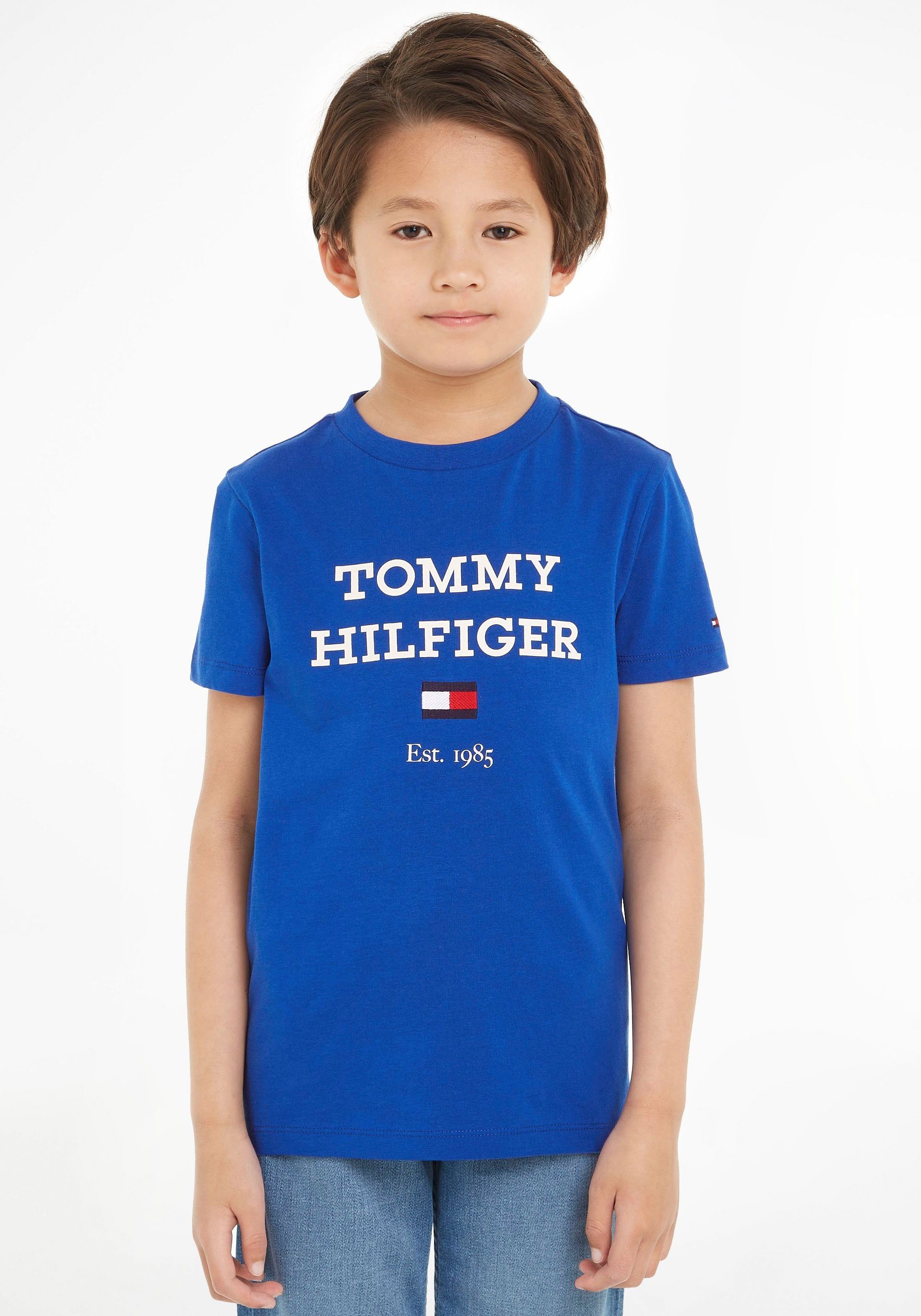 Tommy Hilfiger T-shirt met tekst helderblauw Jongens Katoen Ronde hals 122