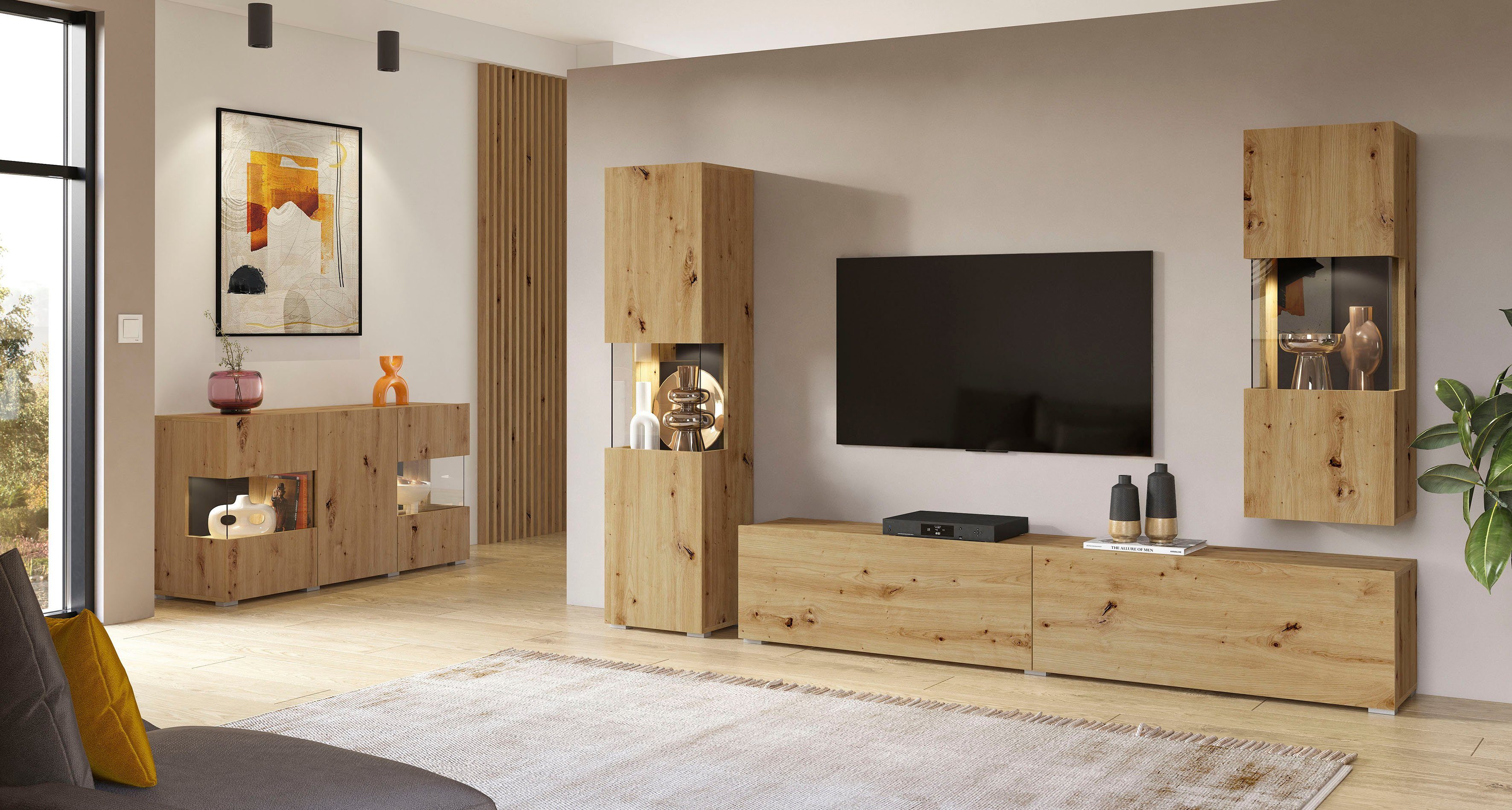INOSIGN Wandmeubel Ava, woonkamer-set hangend/staand te monteren, vitrinekast, lowboard