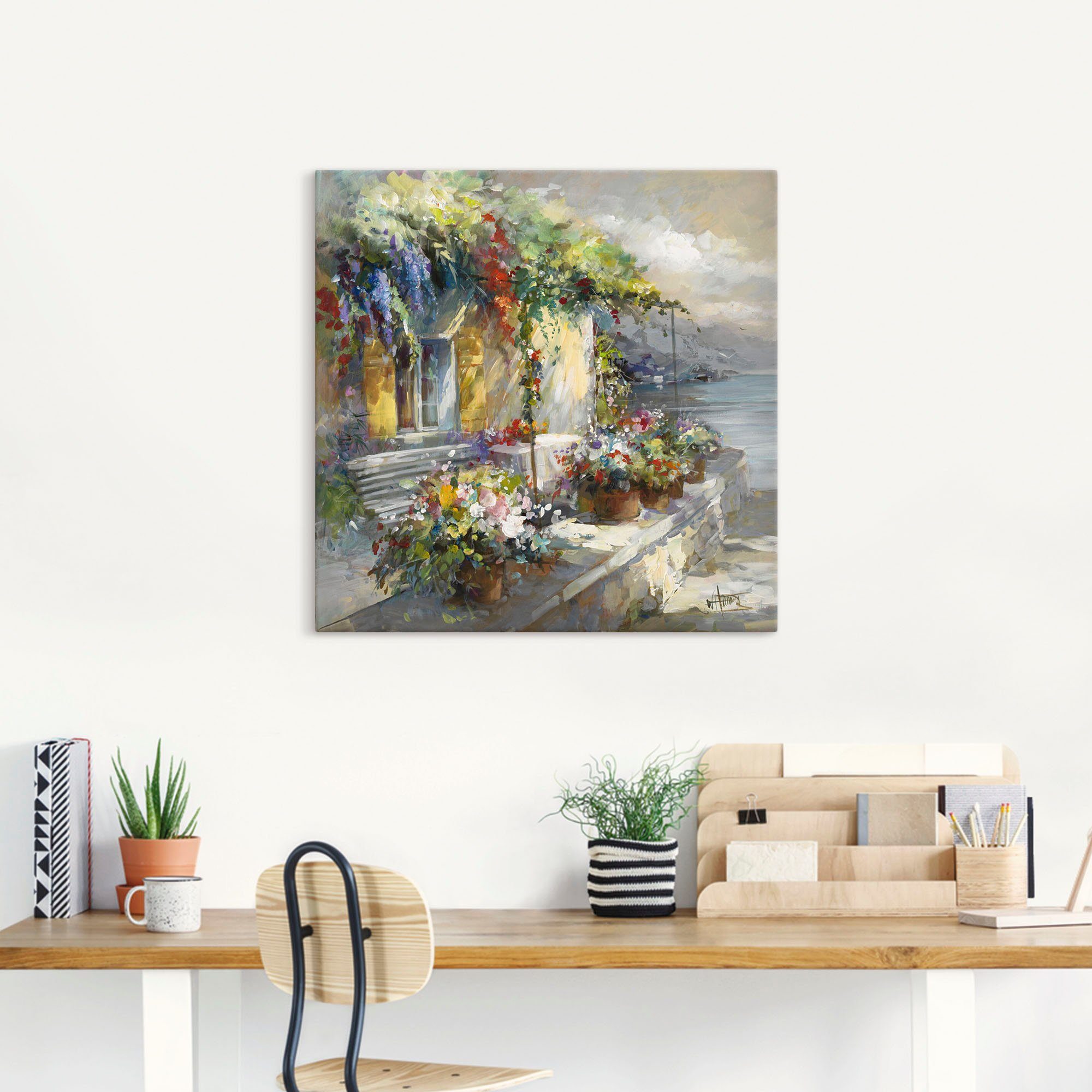 Artland Artprint op linnen Veranda aan het meer gespannen op een spieraam