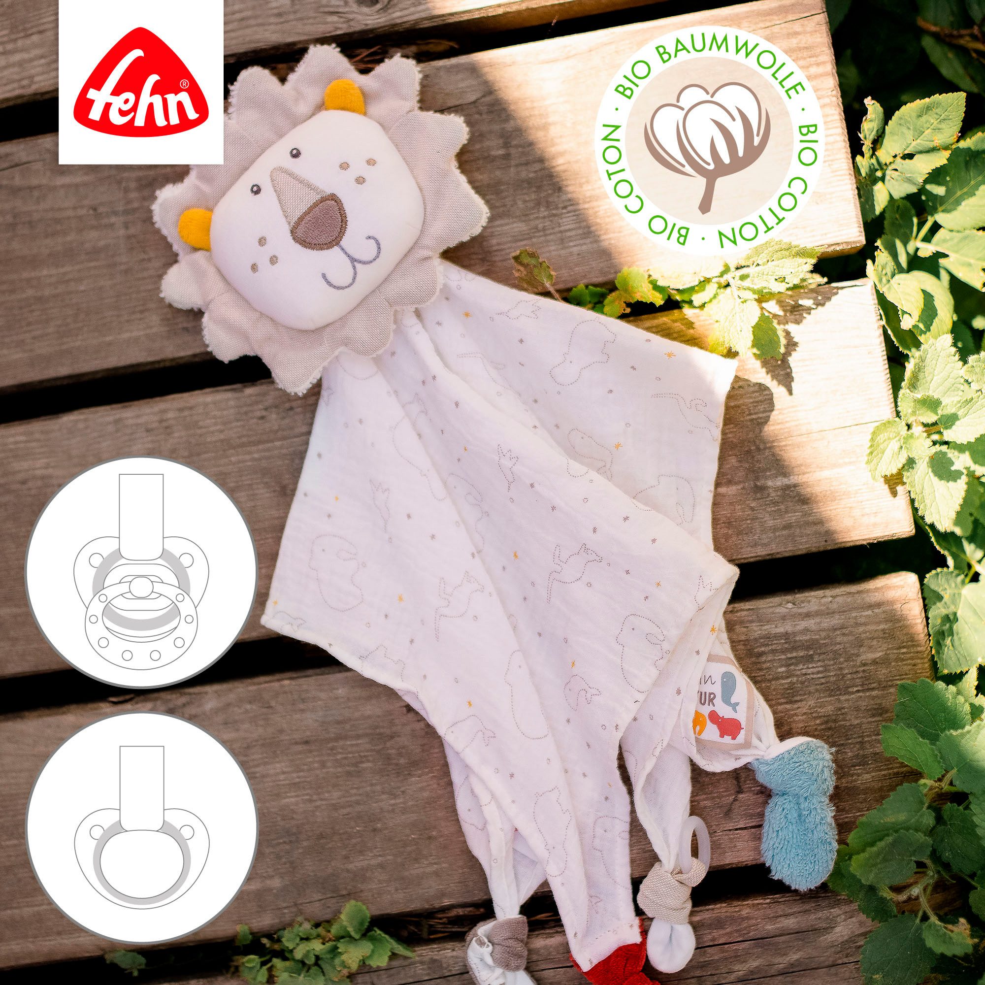 Fehn Knuffeldoek FehnNATUR, Leeuw Deluxe met bevestigingsring voor speen, bevat bio-katoen