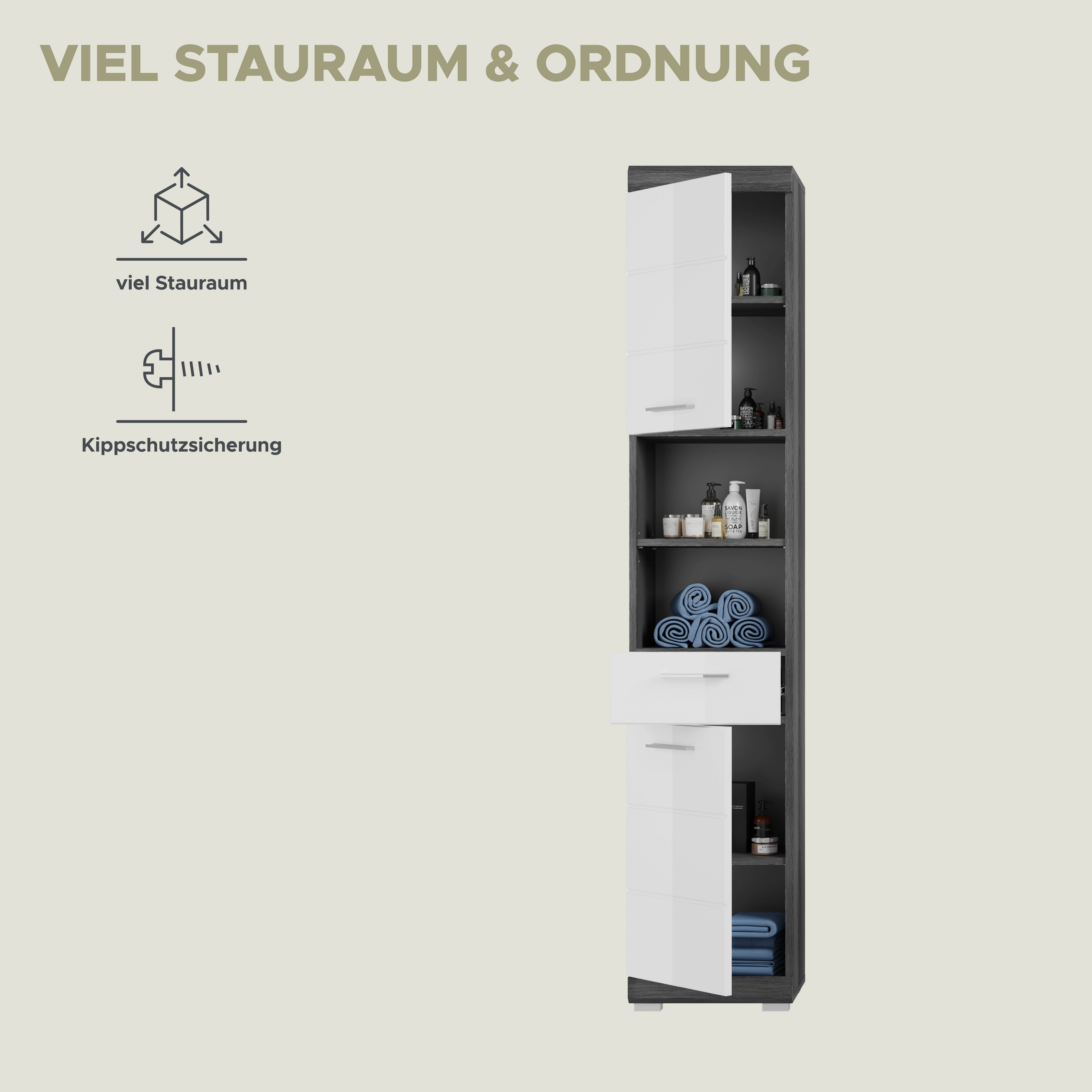 INOSIGN Hoge kast Siena, breedte 37 cm, 2 deuren, 1 lade, 2 open vakken, MDF-front in verschillende kleuren verkrijgbaar, badkamermeubels, badkamerkast, kast, badkamer (1 stuk)