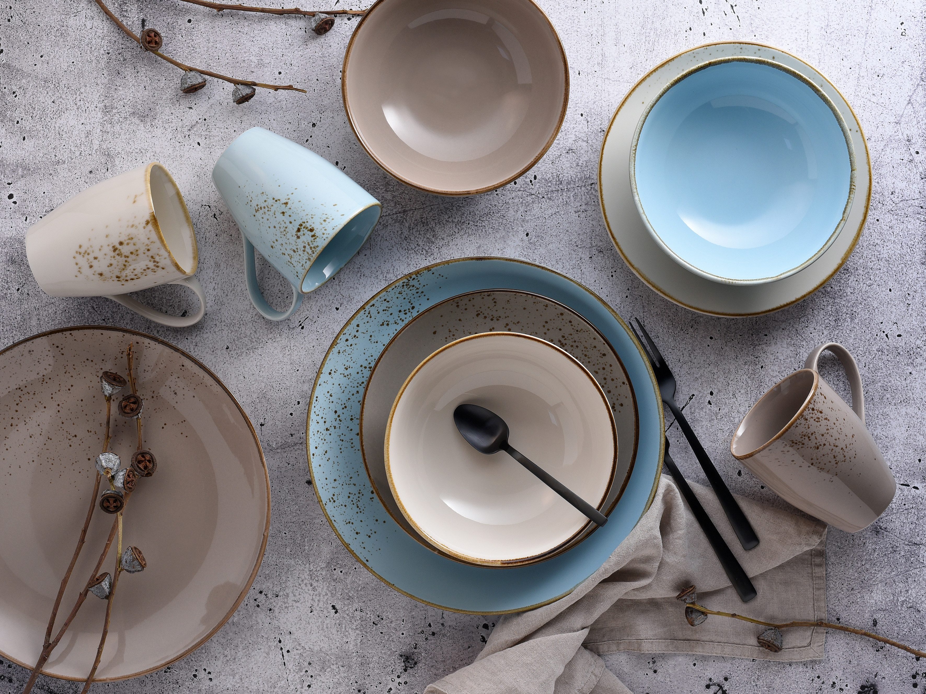 CreaTable Combi-servies Servies-set NATURE COLLECTION Scandic Servies, ecru en gespikkeld, 16 delen, voor 4 personen (set, 16-delig)