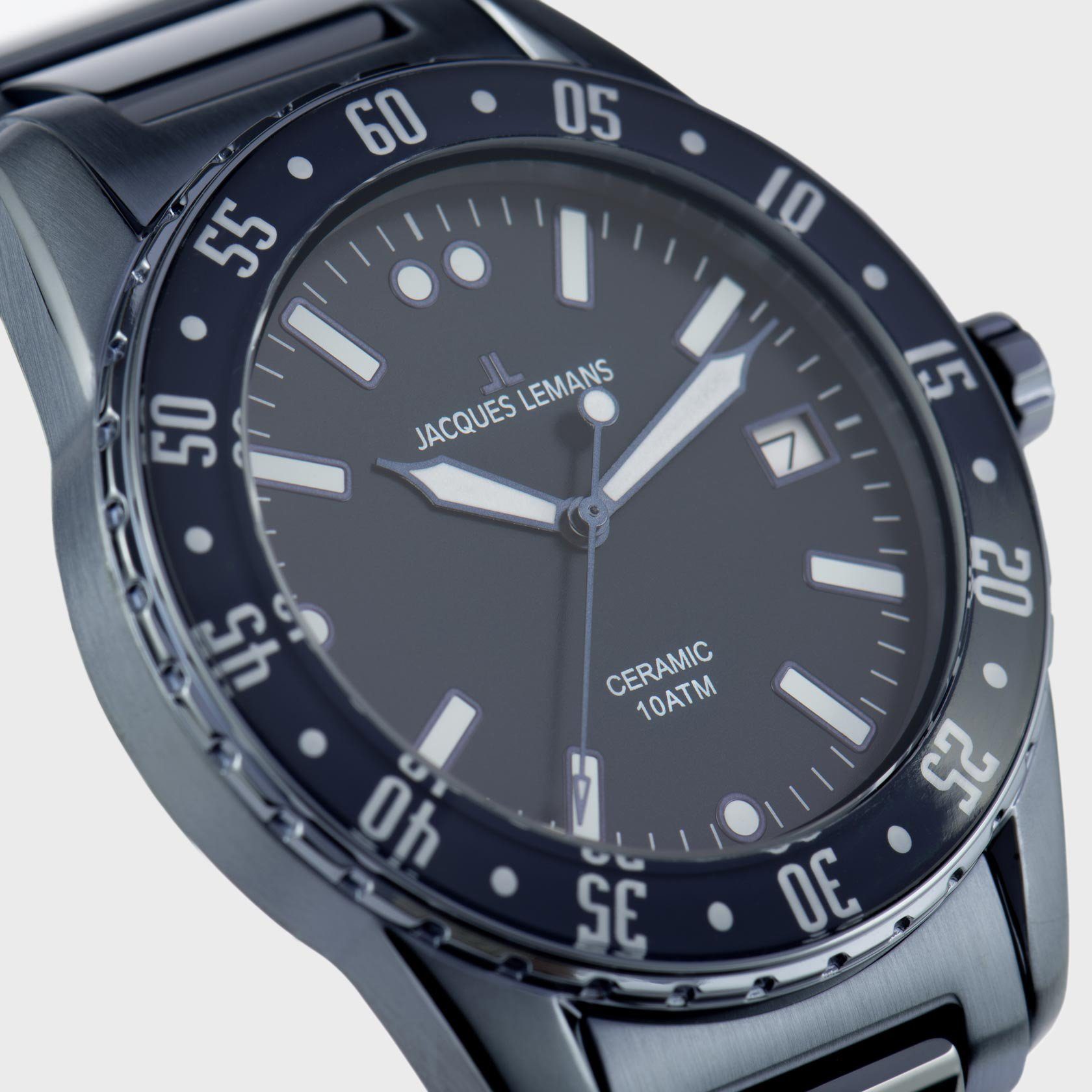 Jacques Lemans Keramisch horloge Liverpool, 42-10E Quartz horloge, armbandhorloge, herenhorloge, datum, lichtgevende wijzers, roestvrijstalen band