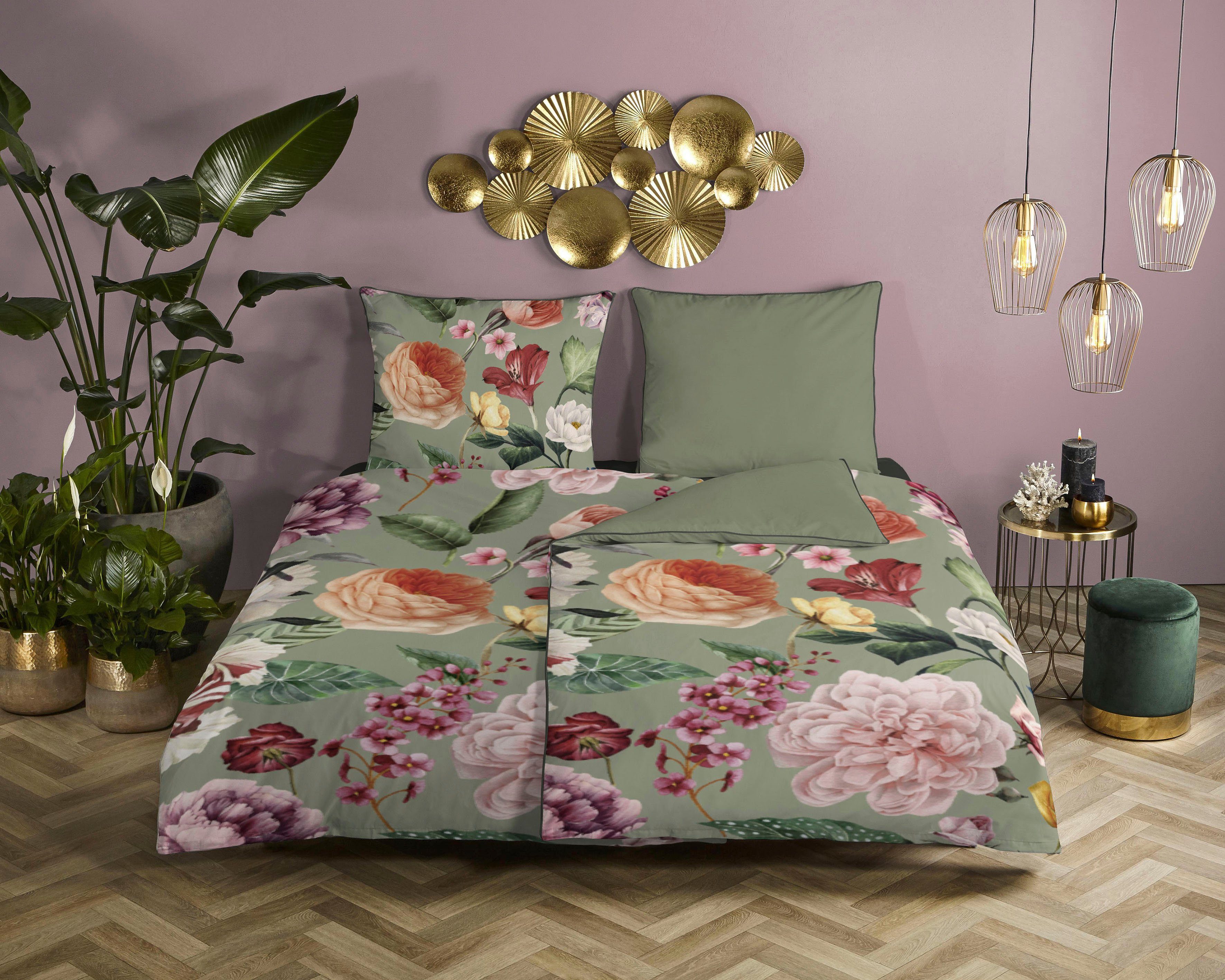 Descanso Tweezijdig te gebruiken overtrekset Fiori Katoen, Satijn, 135x200, Bies, Rits, Omkeerbaar, Bloemen Zand dekbedovertrekken groen
