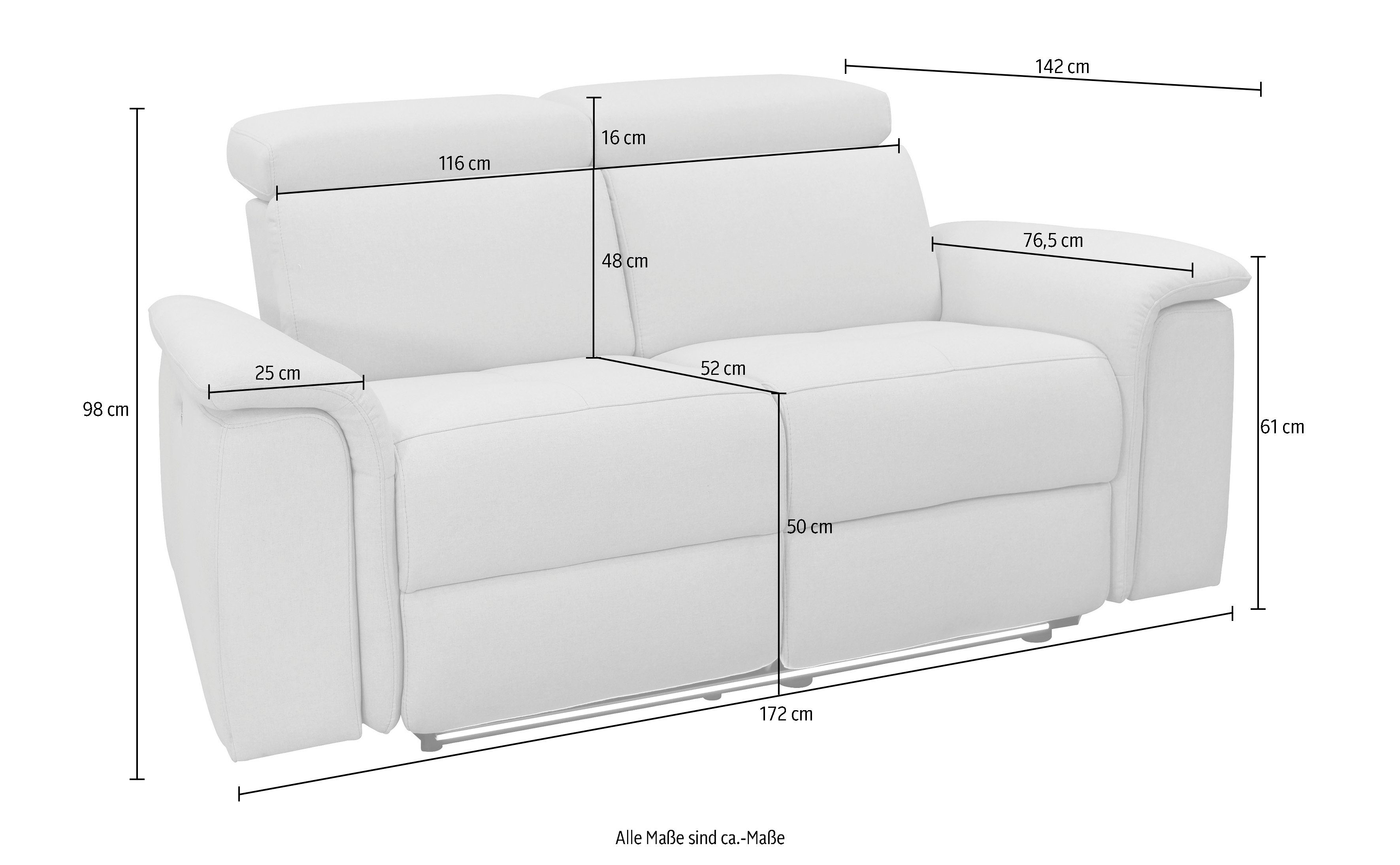 Places of Style 2-zitsbank Pareli 172 cm, handmatige en elektrische relaxfunctie USB, hoofdsteunverstelling, LED, in echt leer, kunstleer, web