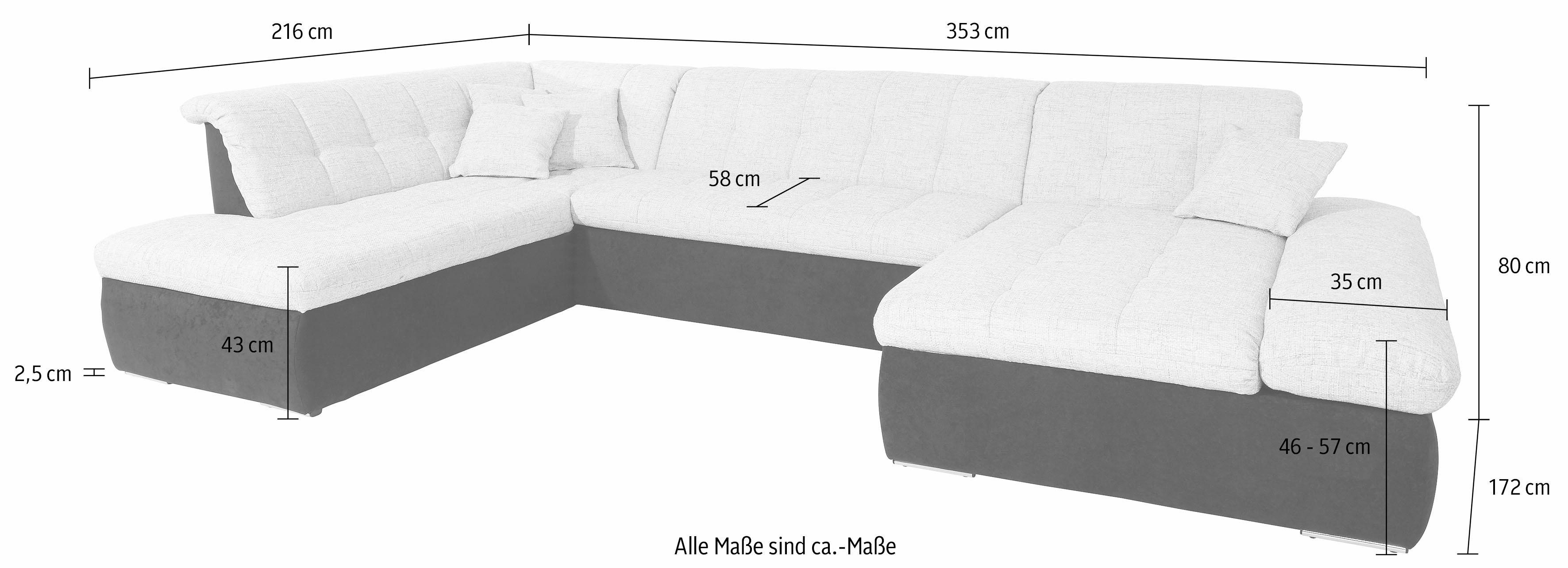 DOMO collection Zithoek Moric Luxus incl. sierkussen U-vorm, tot 140 kg per zitplaats belastbaar, XXL B/D/H: 353/216/80 cm
