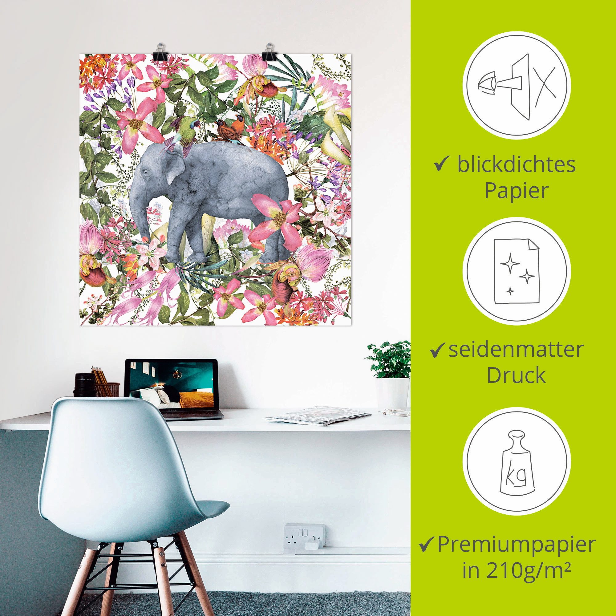 Artland Artprint Olifant in bloemen jungle als artprint op linnen, poster in verschillende formaten maten