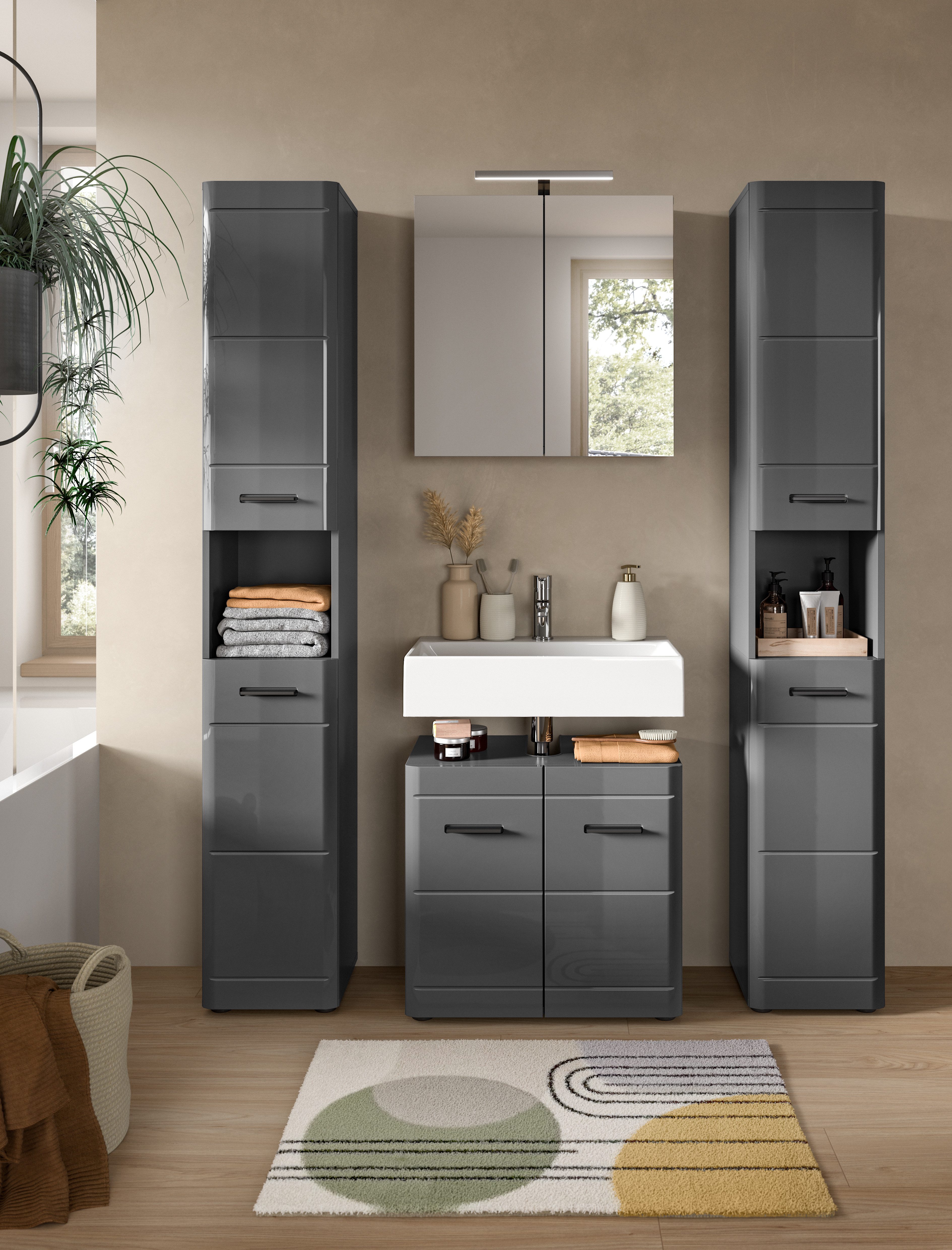 welltime Hoge kast Doux, hoogte 180 cm, 2 deuren, 1 open vak, 3 planken Deuraanslag verwisselbaar, MDF front, badkamerkast, badkamermeubels, badkamer